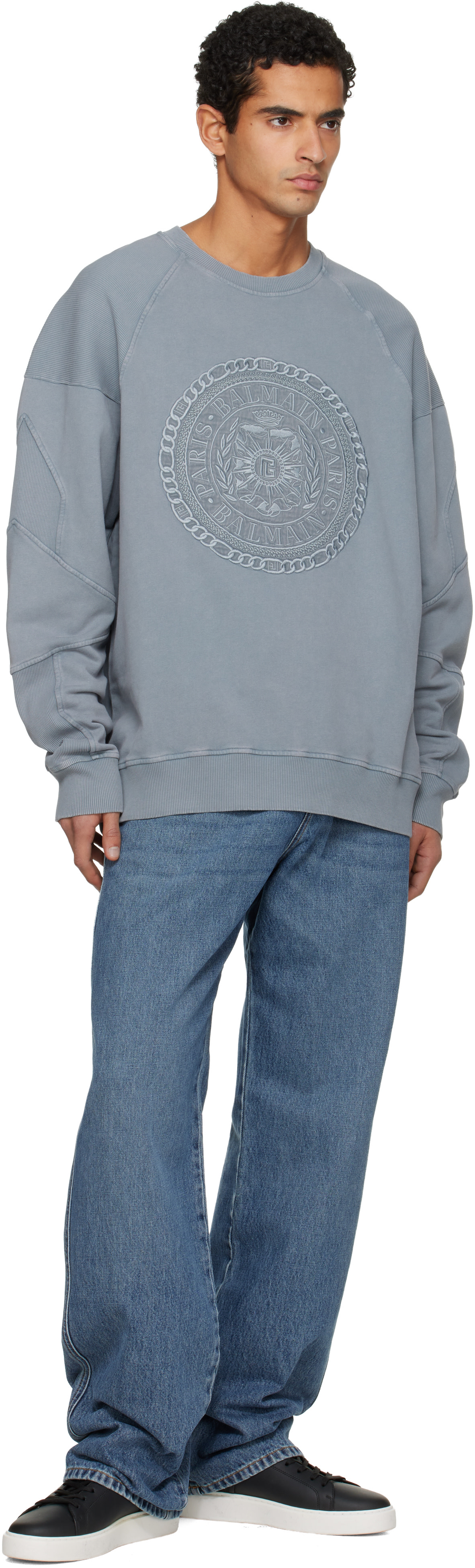 BALMAIN: Gray Embroidered 'Balmain' Médaille Sweatshirt | SSENSE