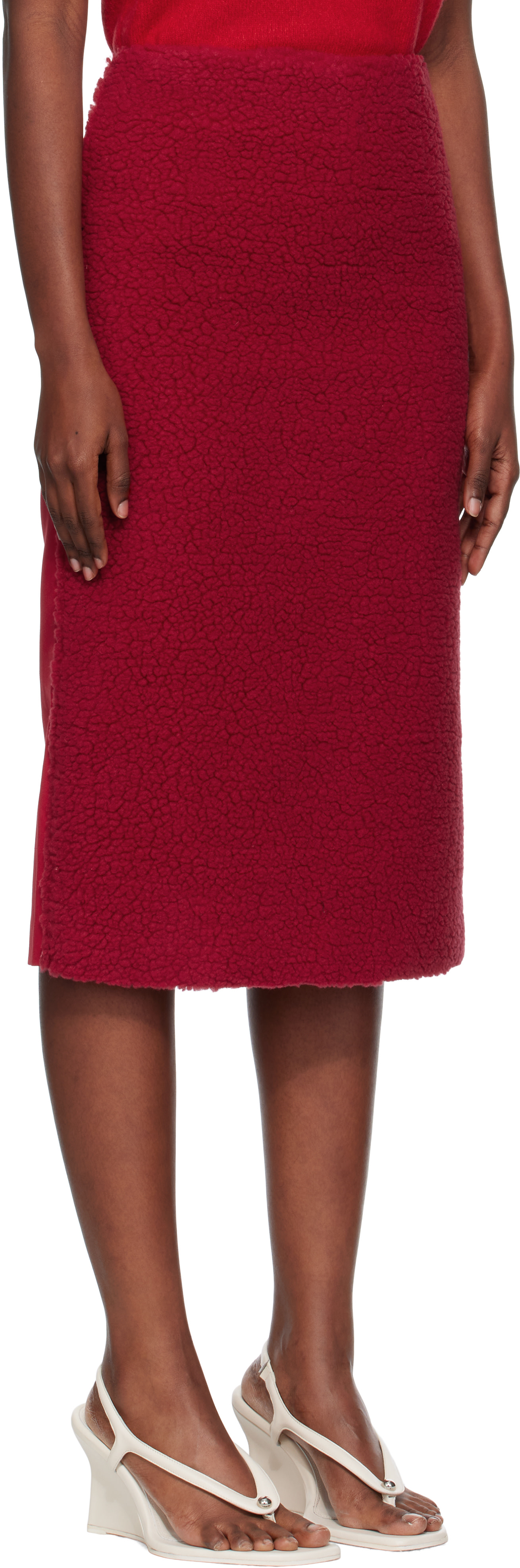 Pushbutton - Jupe midi cintrée Combi rouge en sherpa
