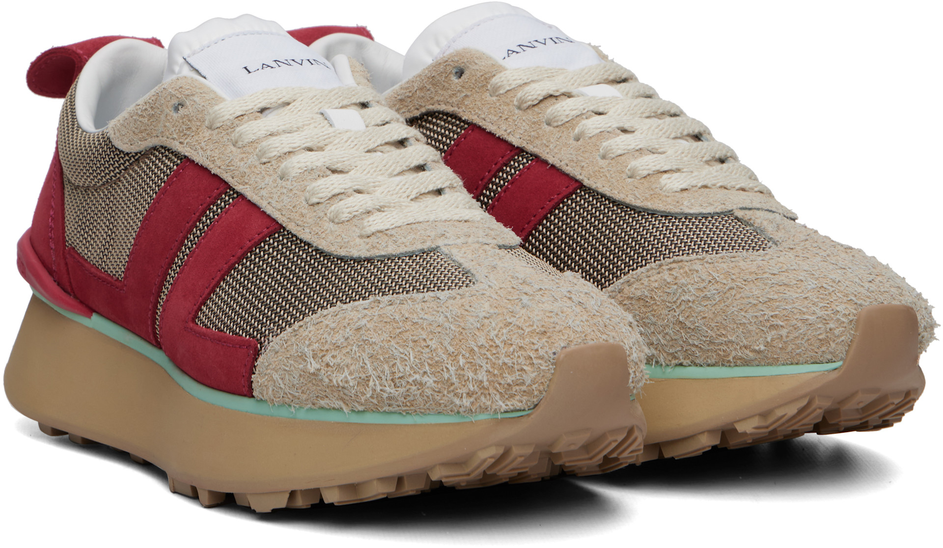 Lanvin: ベージュ＆バーガンディ Bumpr メッシュ スニーカー | SSENSE 日本