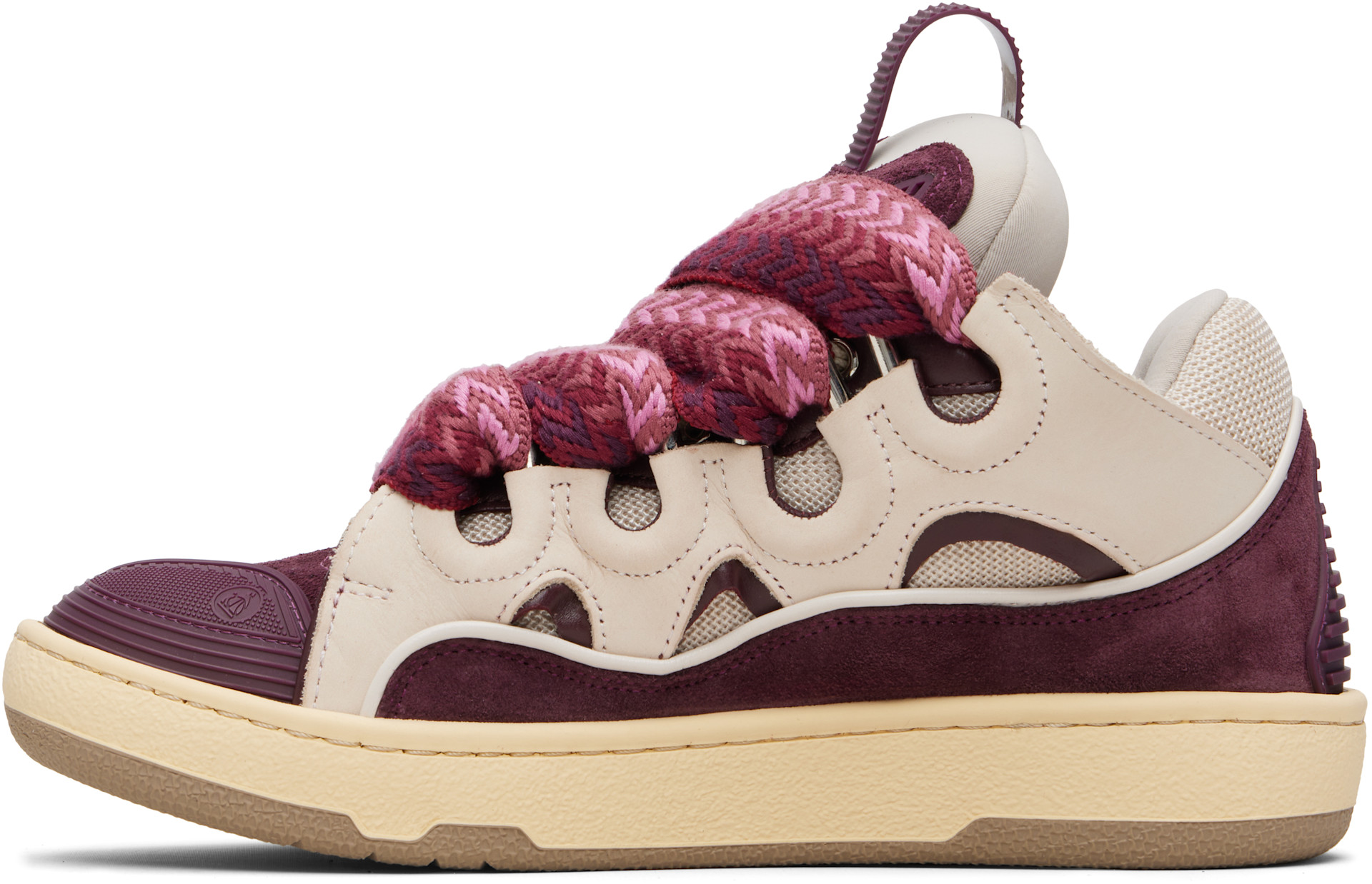 Lanvin: Burgundy & Beige Leather Curb Sneakers | SSENSE Denmark