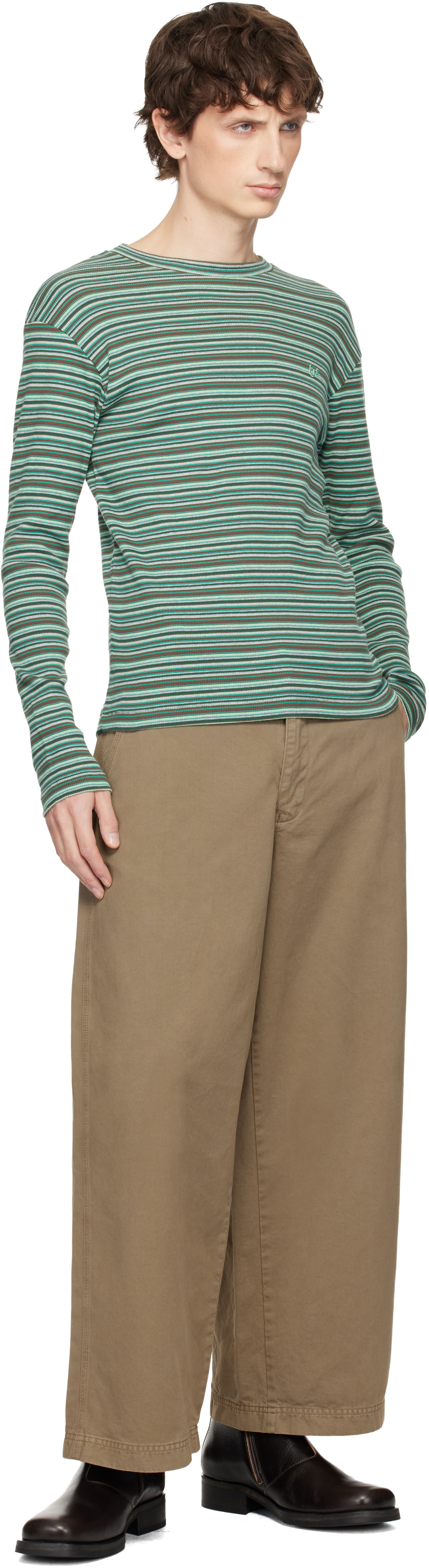 ERL: Green Striped Long Sleeved T-shirt | SSENSE Singapore