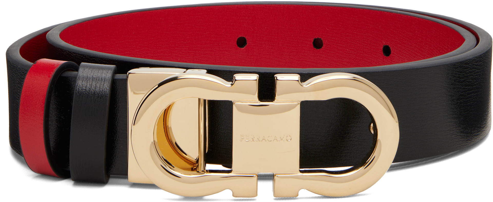 Salvatore Ferragamo レザー ベルト 赤黒 レッド Ferragamo: Black Adjustable Gancini Reversible Belt | SSENSE Canada