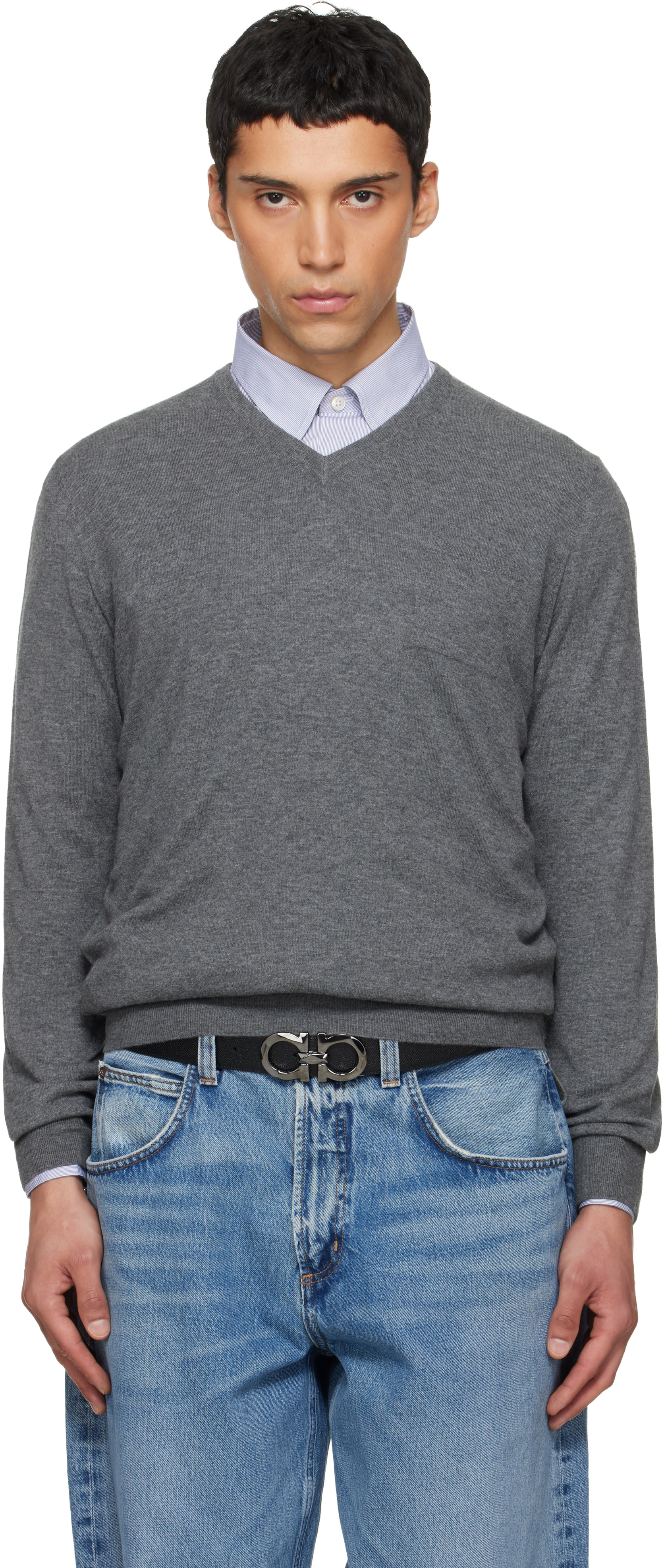 Ferragamo - Pull gris à col en V