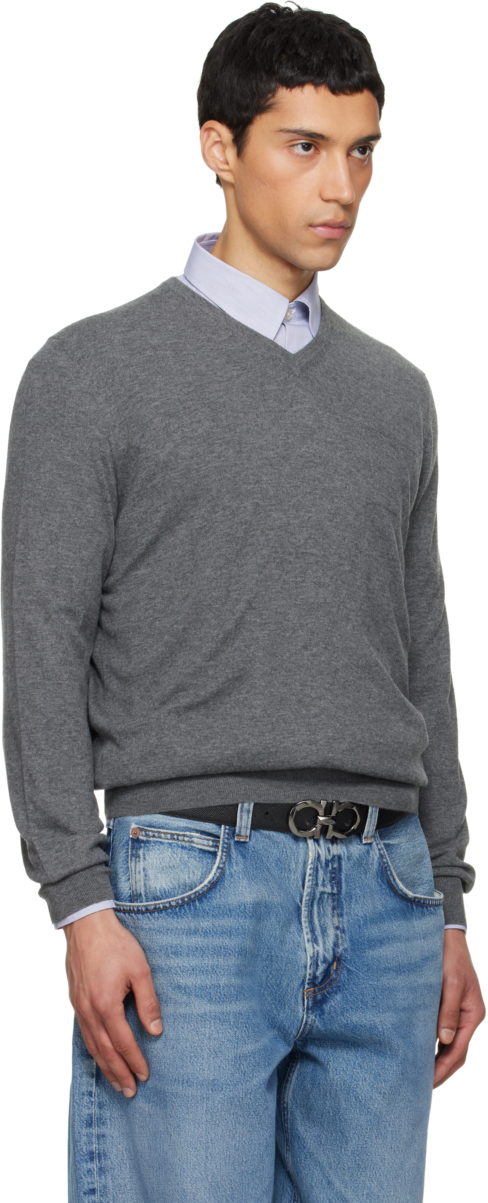 Ferragamo - Pull gris à col en V