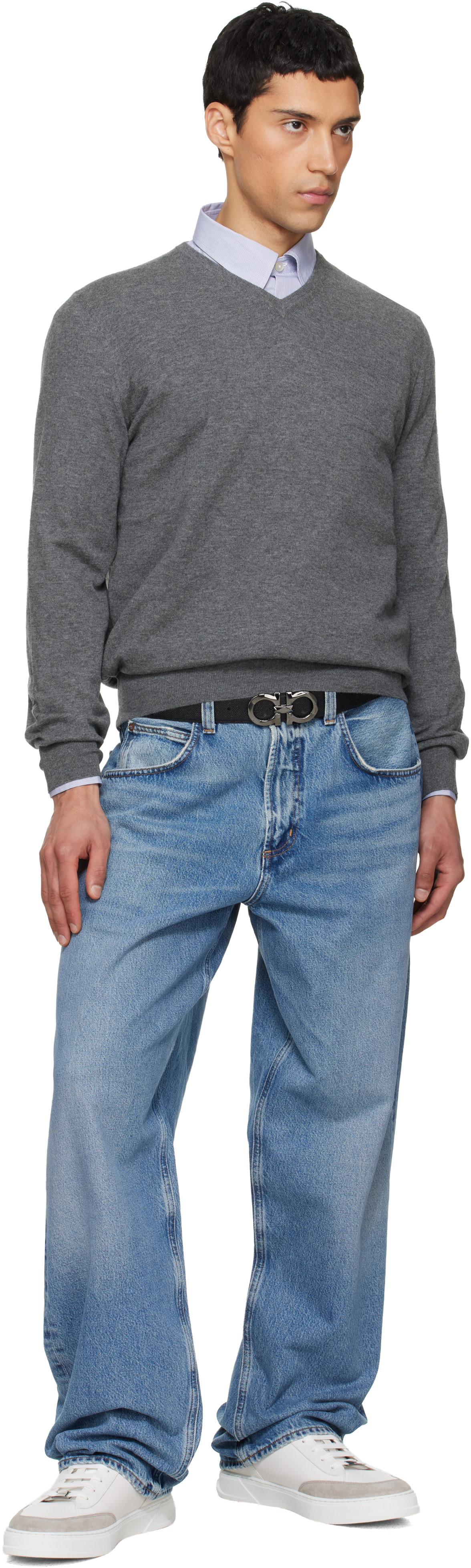 Ferragamo - Pull gris à col en V