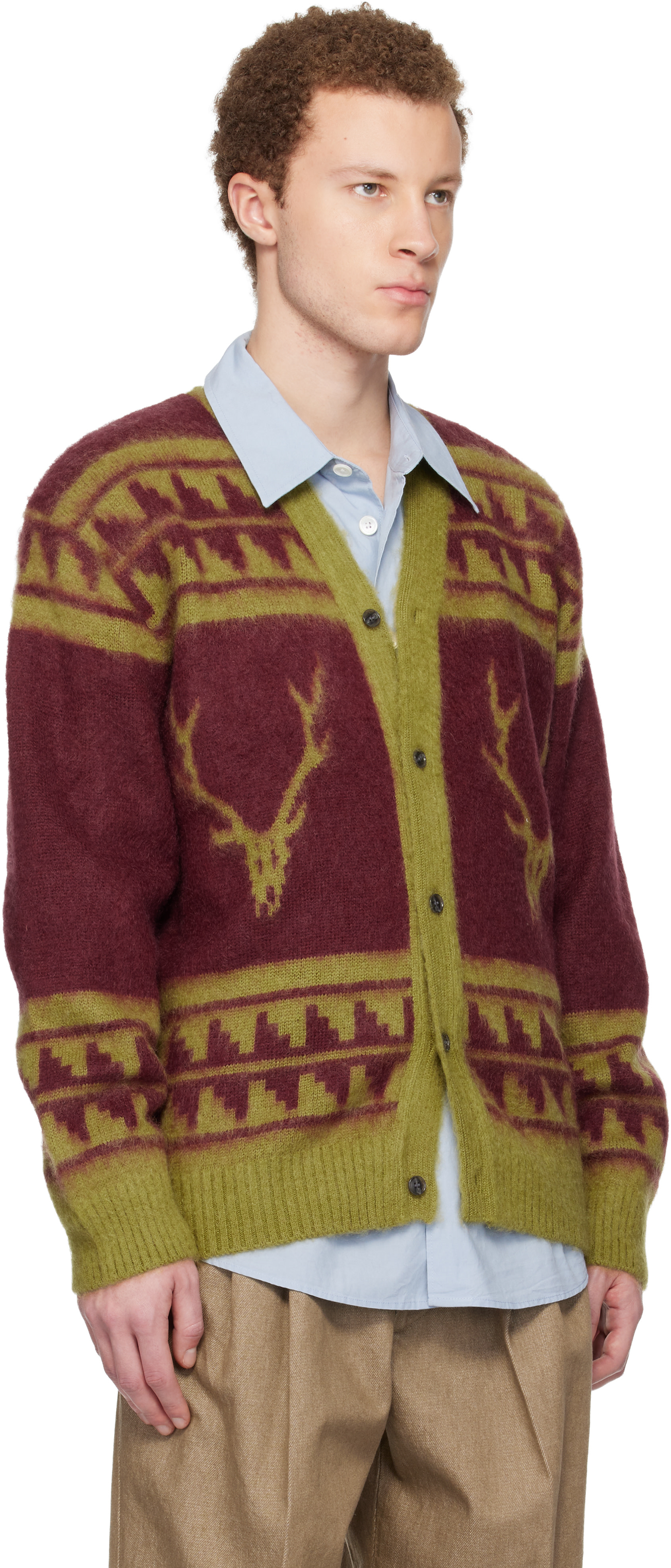 St ANDREWS 裏地付きニットブルゾン South2 West8: Red & Green Mohair V-Neck Cardigan | SSENSE