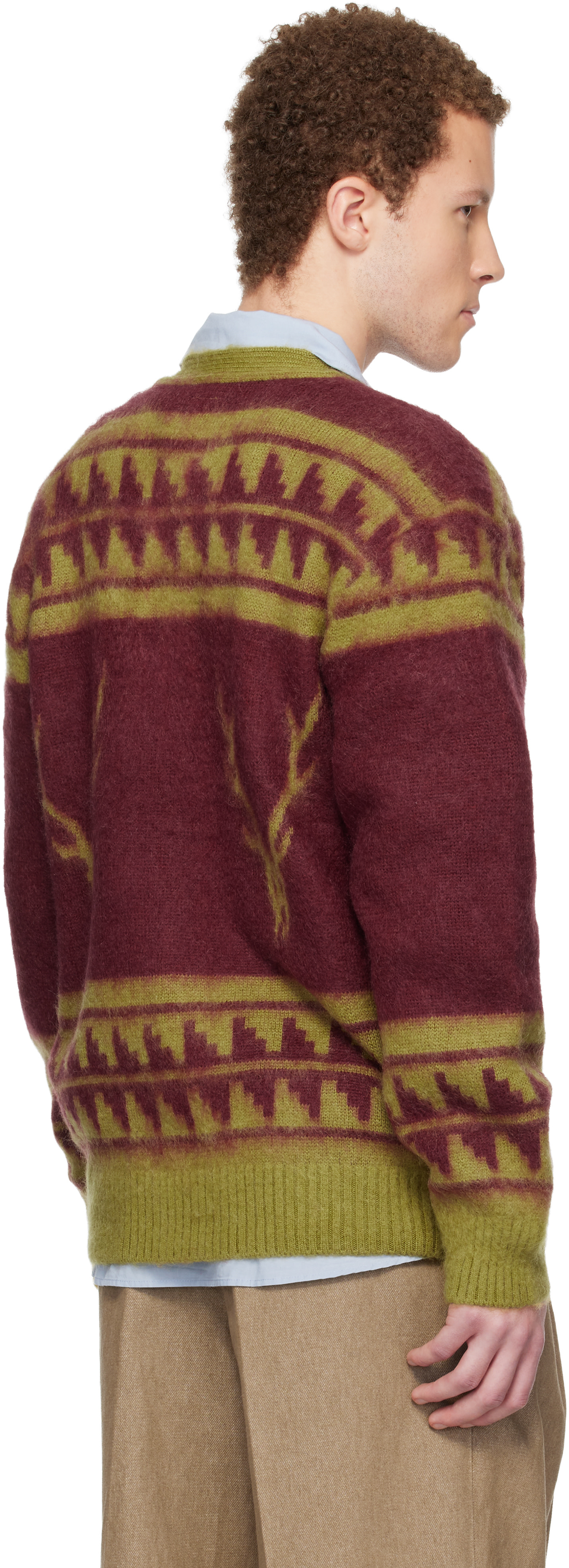 South2 West8: Red & Green Mohair V-Neck Cardigan | SSENSE Canada