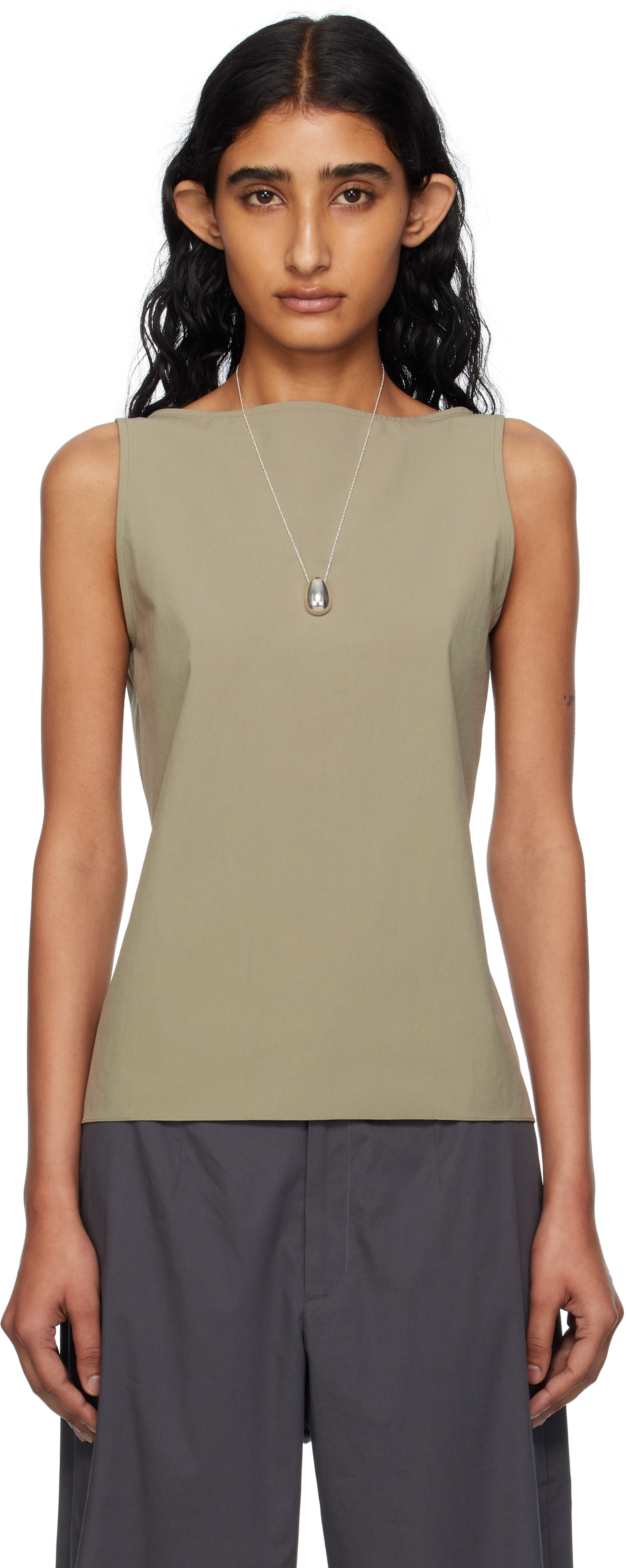 BAMBOU ROGER KWONG: Gray Nylon Spandex Boat Neck Top | SSENSE