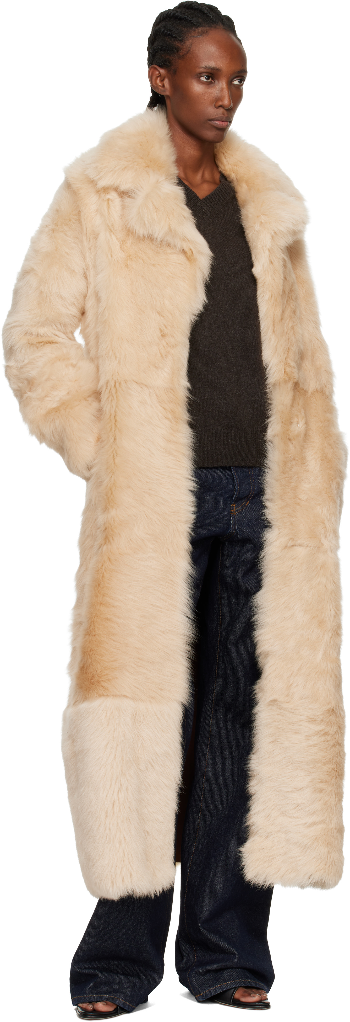NOTRE émor 　wave silhouette fluffy coat Nour Hammour: Tan Evita Long Shearling Coat | SSENSE Canada