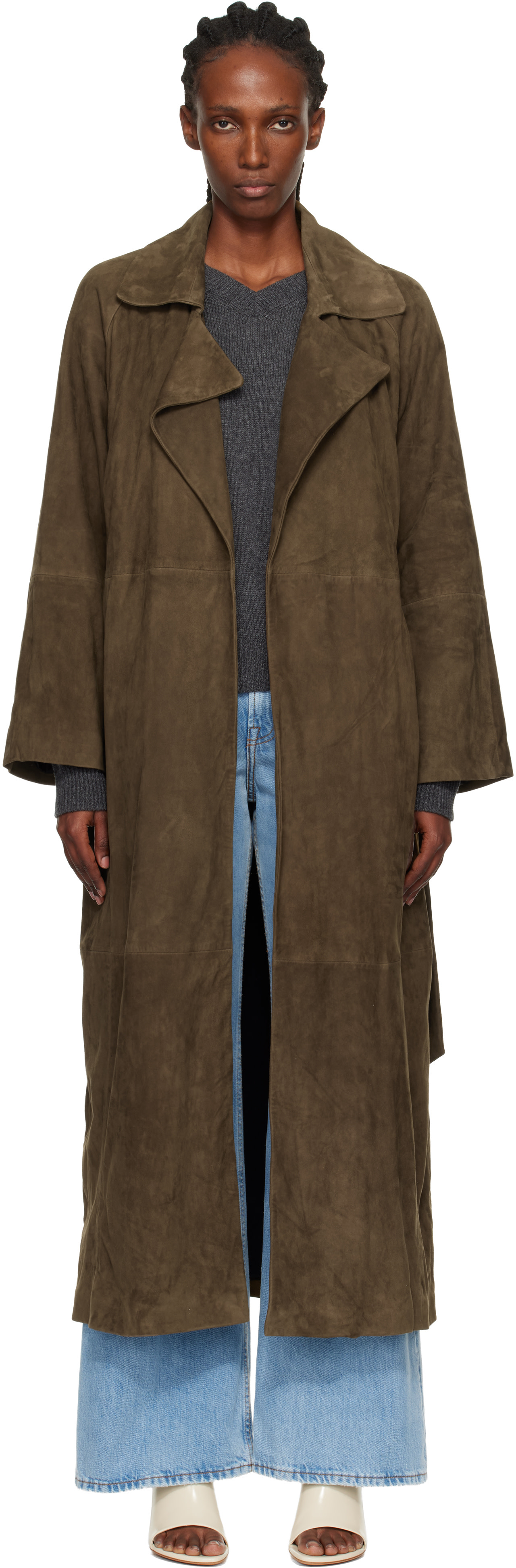 Nour Hammour: Green Althea Belted Suede Coat | SSENSE