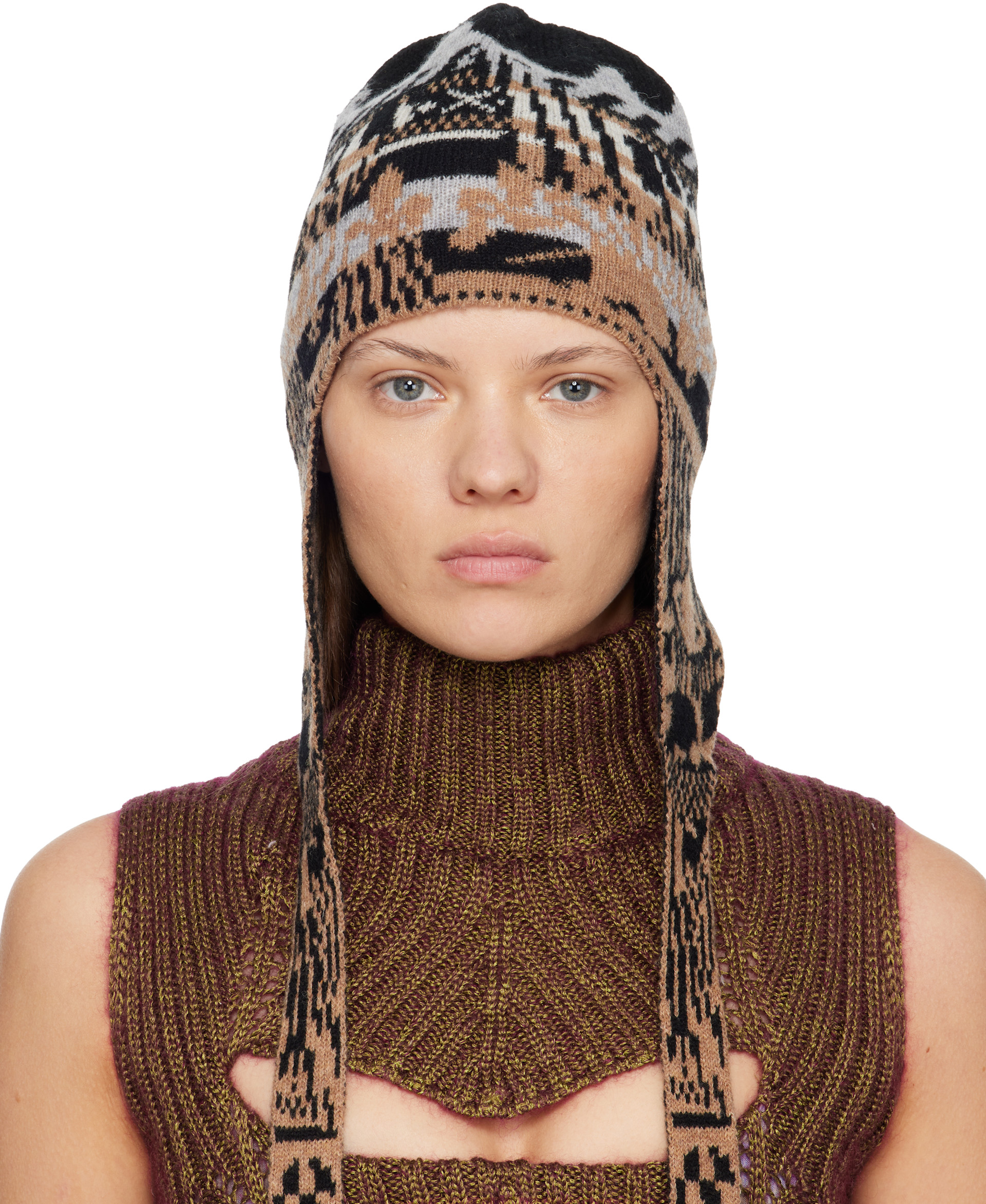 vivienwestwood ビーニー Vivienne Westwood: ベージュ＆ブラック Fairisle Flap Ears ビーニー