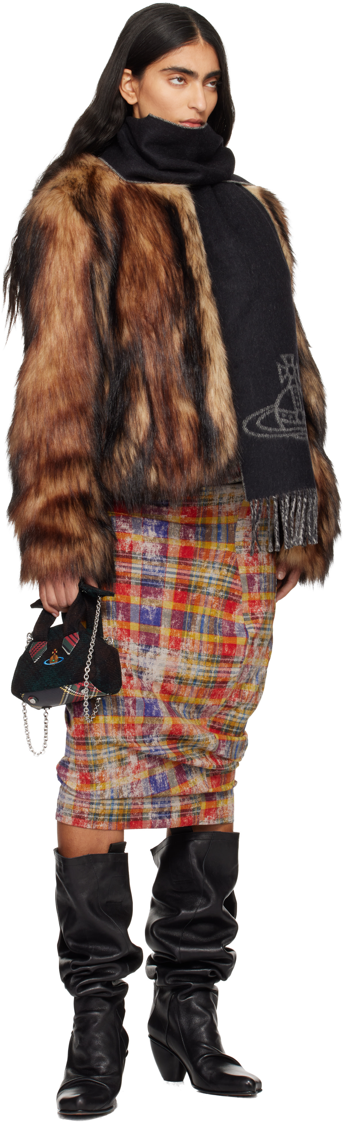 Vivienne Westwood SINGLE ORB DOUBLE マフラー Vivienne Westwood: Black & Gray Single Orb Double Scarf | SSENSE