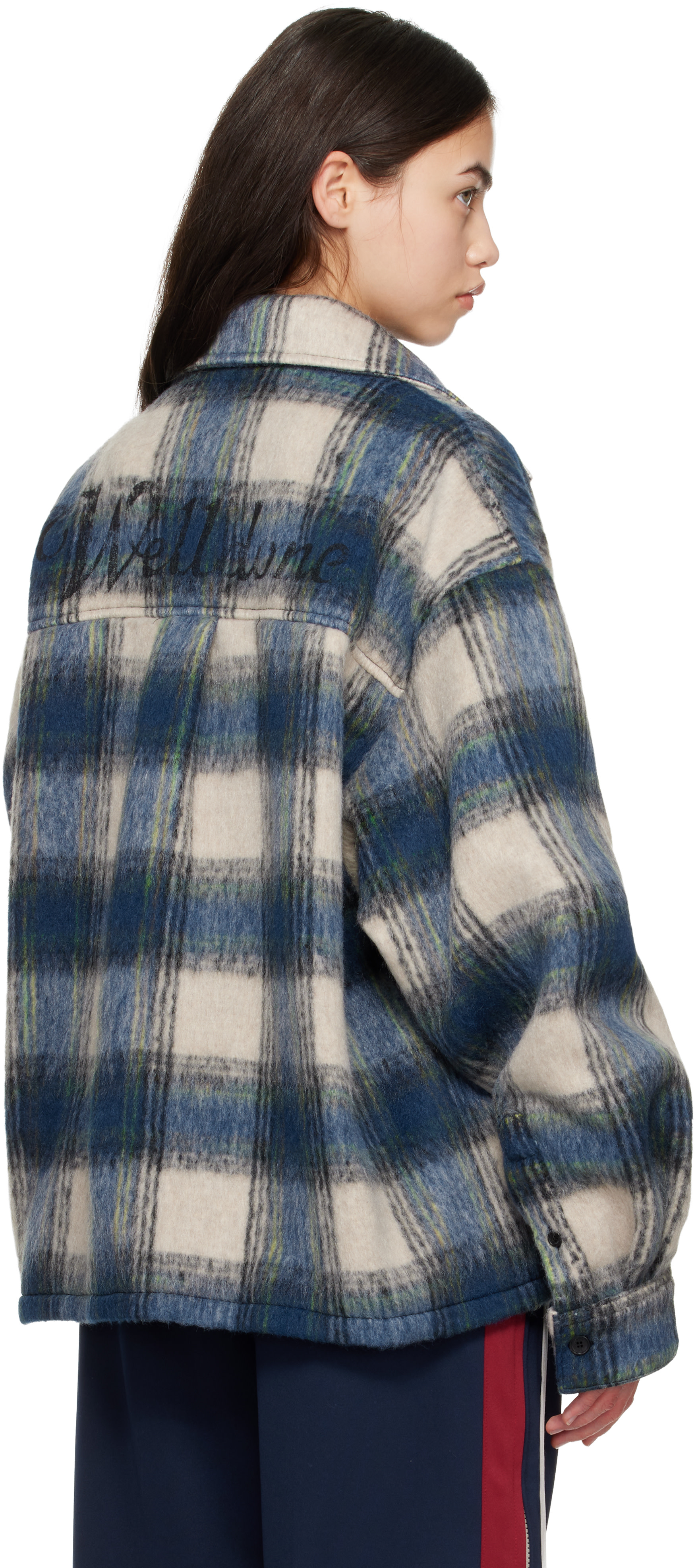 We11done: Blue Script Logo Check Shirt Jacket | SSENSE