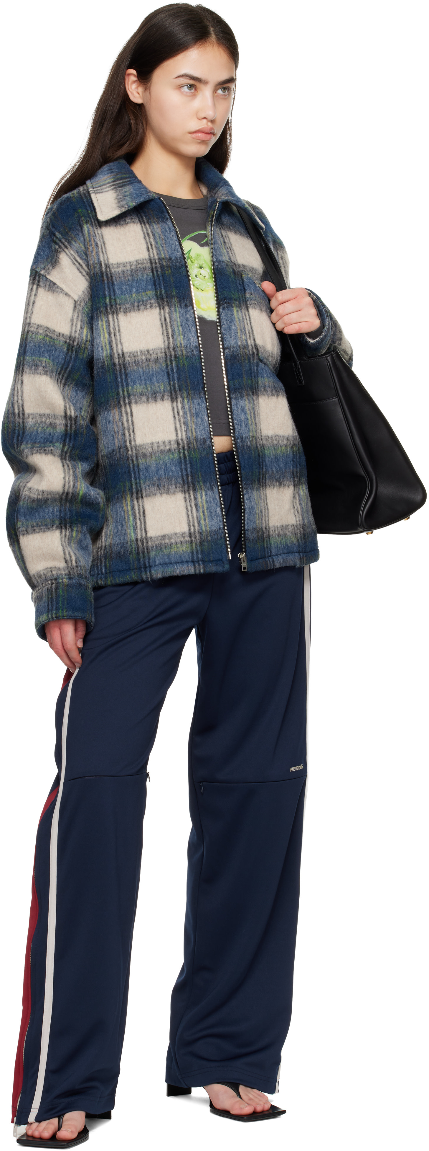 We11done: Blue Script Logo Check Shirt Jacket | SSENSE