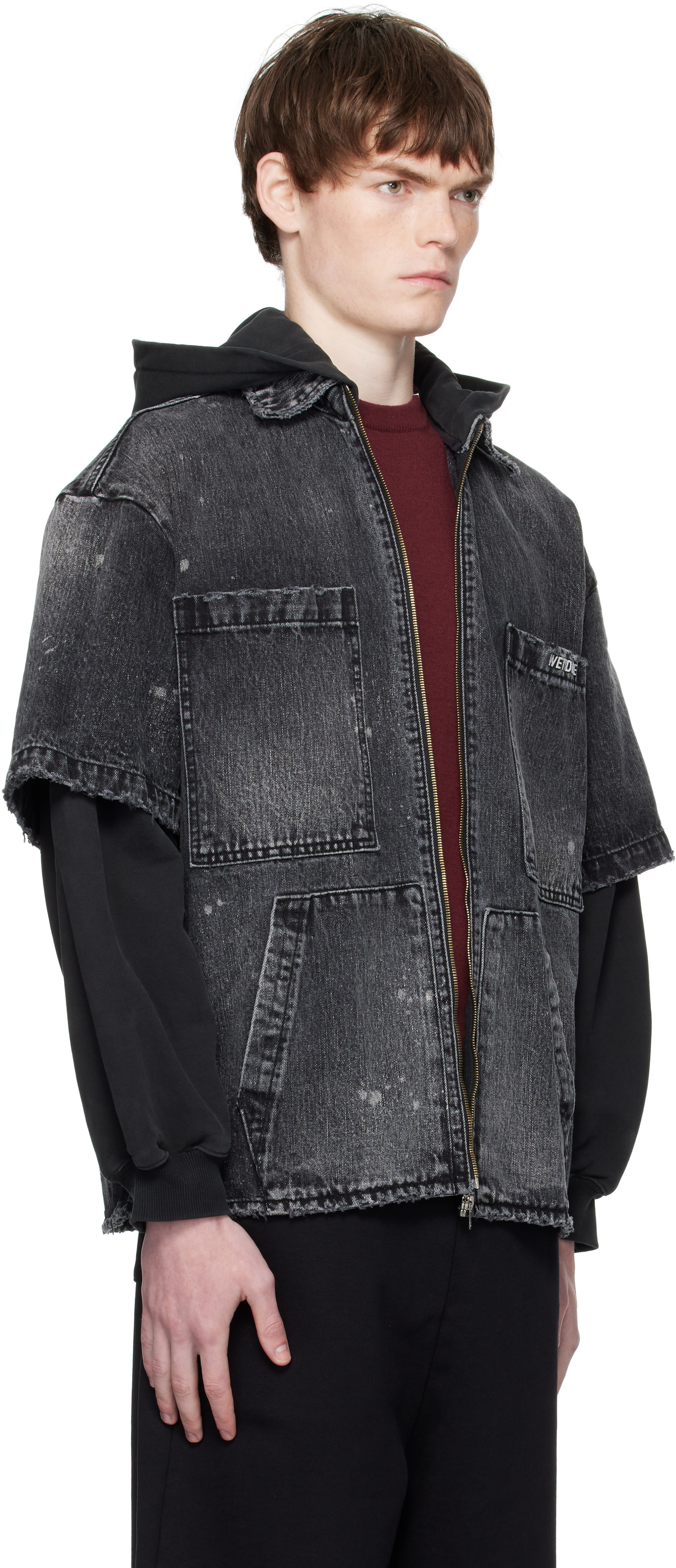 We11done: Black Faded Layered Hoodie Denim Jacket | SSENSE