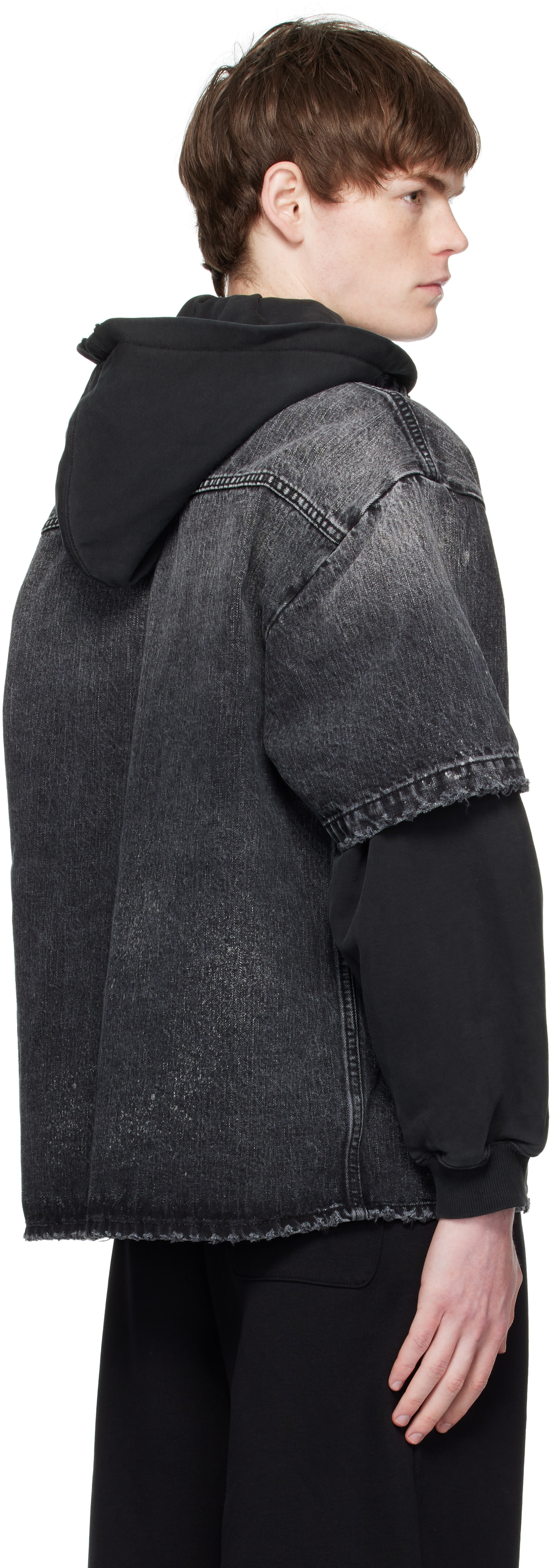We11done: Black Faded Layered Hoodie Denim Jacket | SSENSE Canada