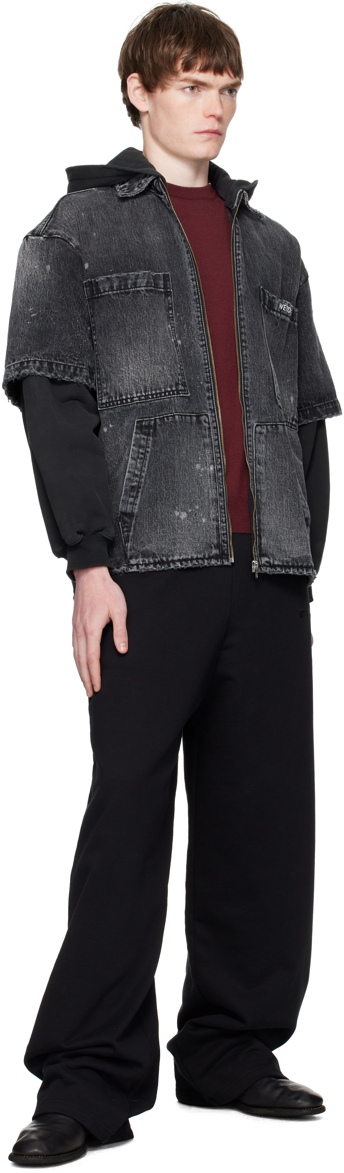 We11done: Black Faded Layered Hoodie Denim Jacket | SSENSE