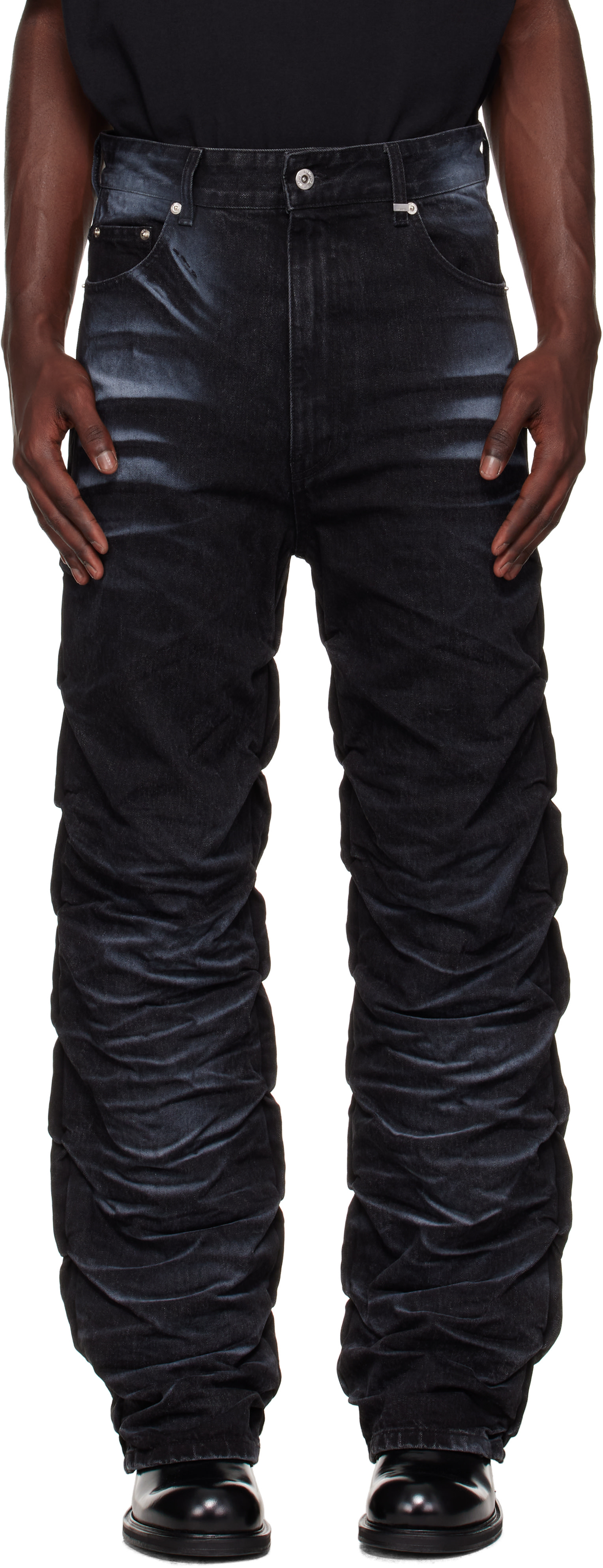 WE11DONE ウェルダン BOOT CUT DENIM デニムパンツ L 黒 We11done: Black Textured Fold Jeans | SSENSE