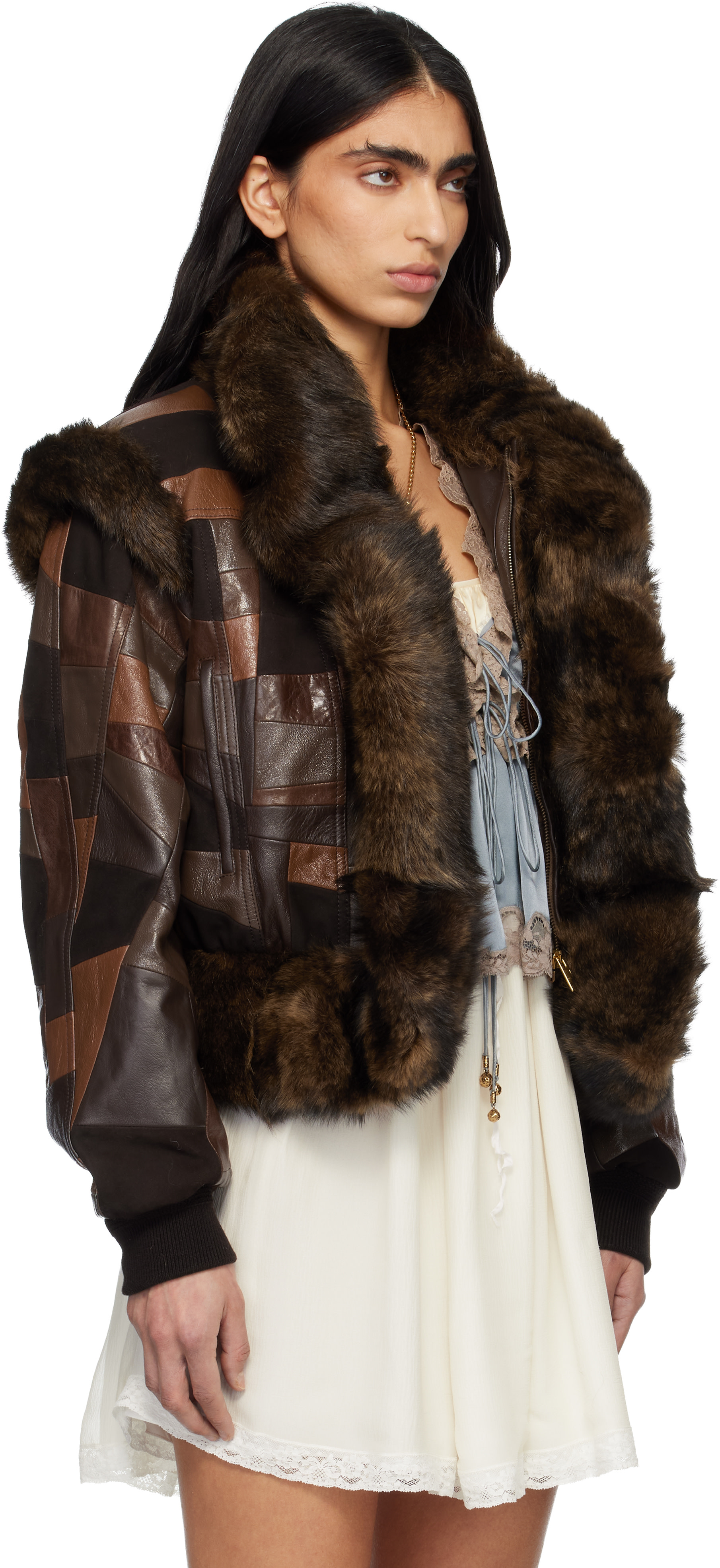 Chloé - Blouson aviateur écourté brun en cuir à patchwork