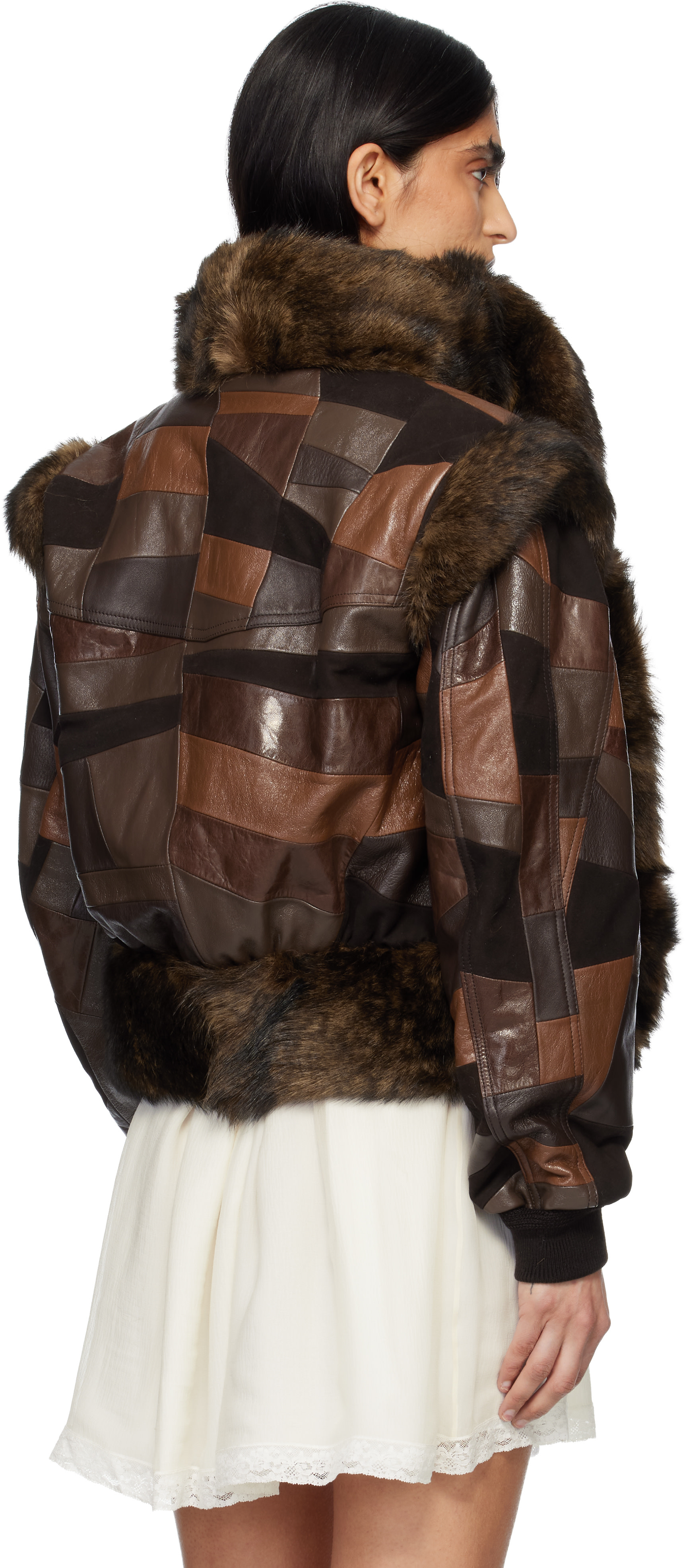 Chloé - Blouson aviateur écourté brun en cuir à patchwork