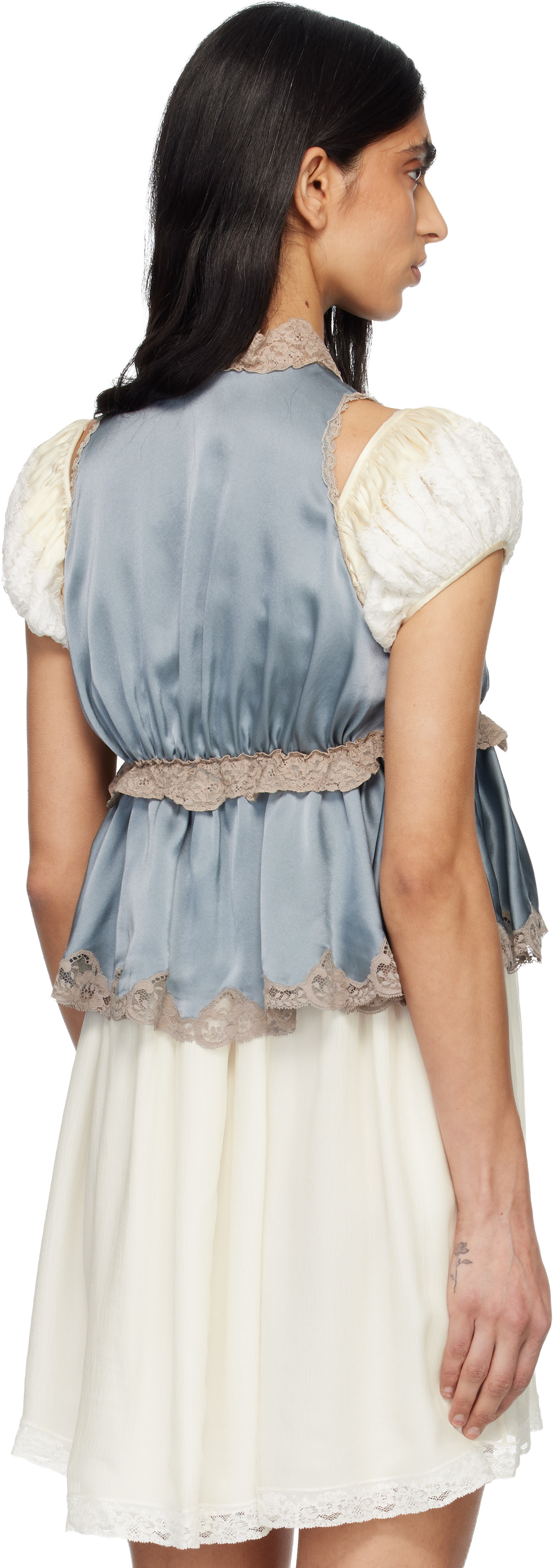 Chloé: Blue Washed Silk Satin & Lace Tie-Front Sleeveless Top