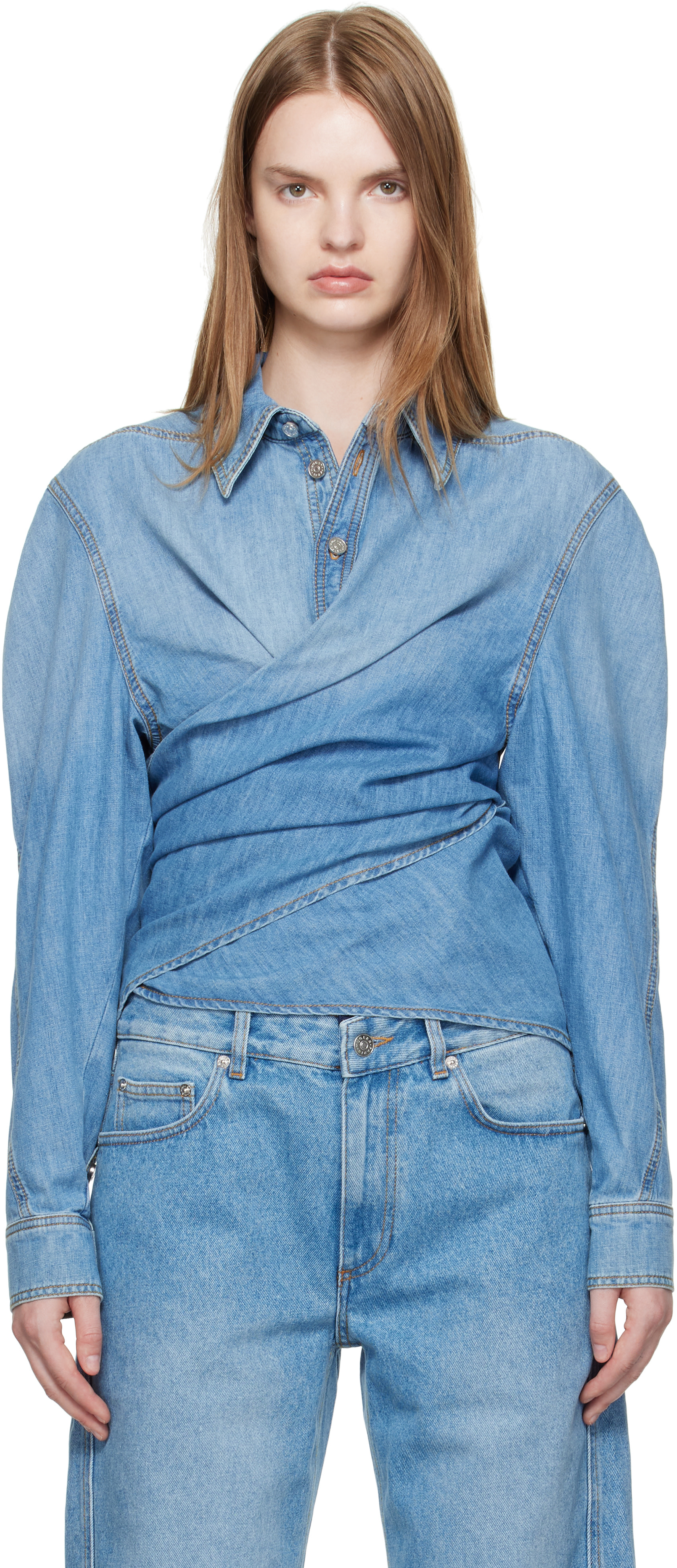 Mugler: Blue Wrapped Chambray Shirt | SSENSE