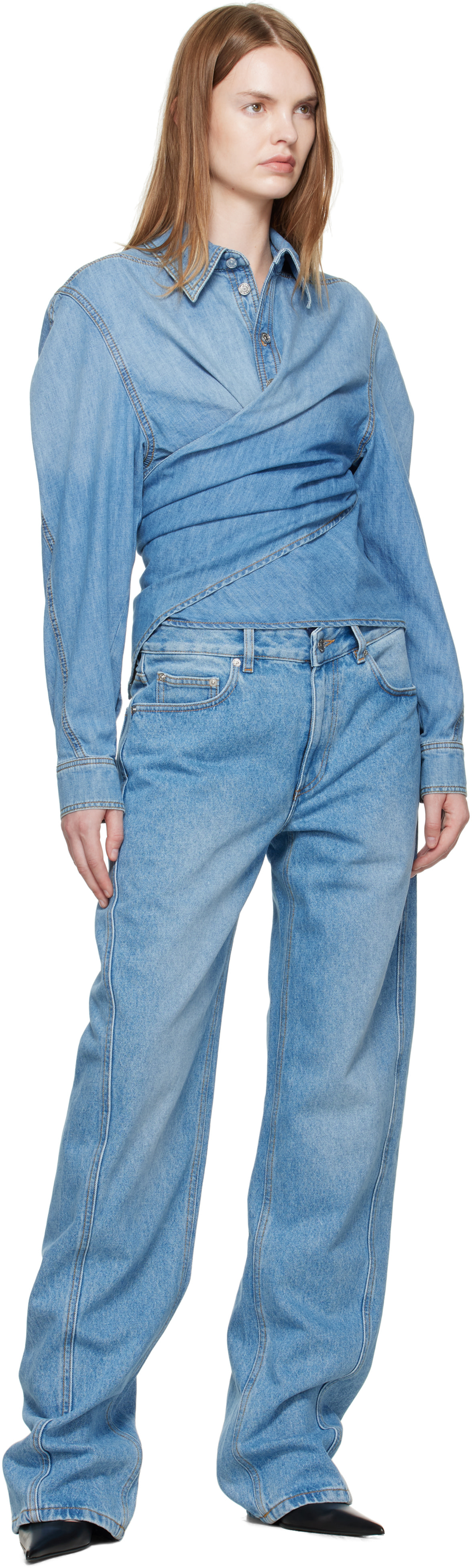 Thierry Mugler デニムシャツ サイズ7 美品 Mugler: Blue Wrapped Chambray Shirt | SSENSE