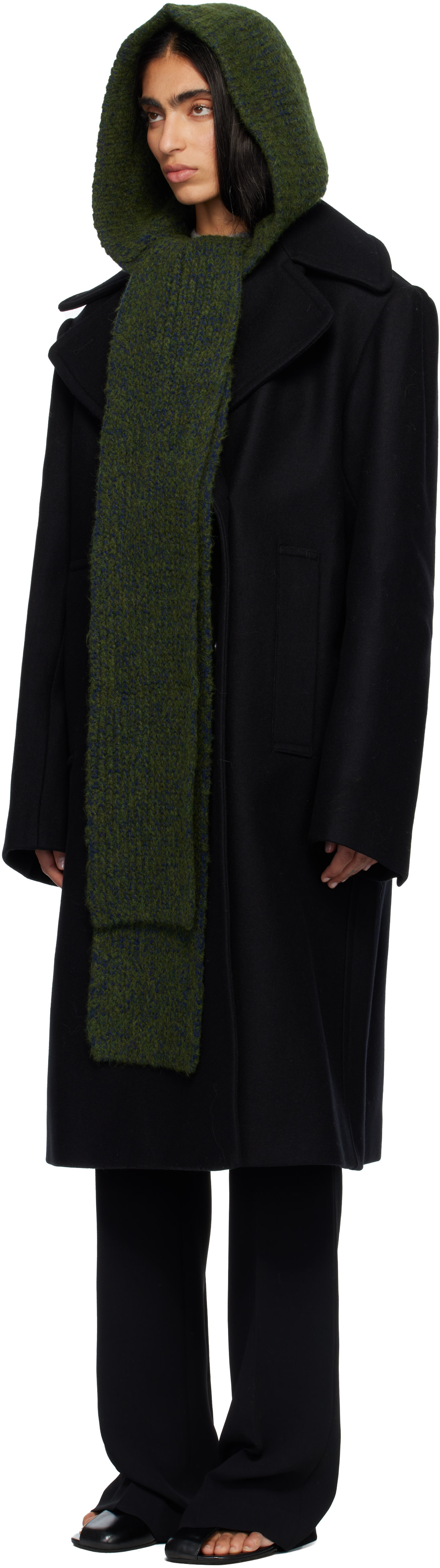 Dries Van Noten: Green Hooded Wool Scarf | SSENSE