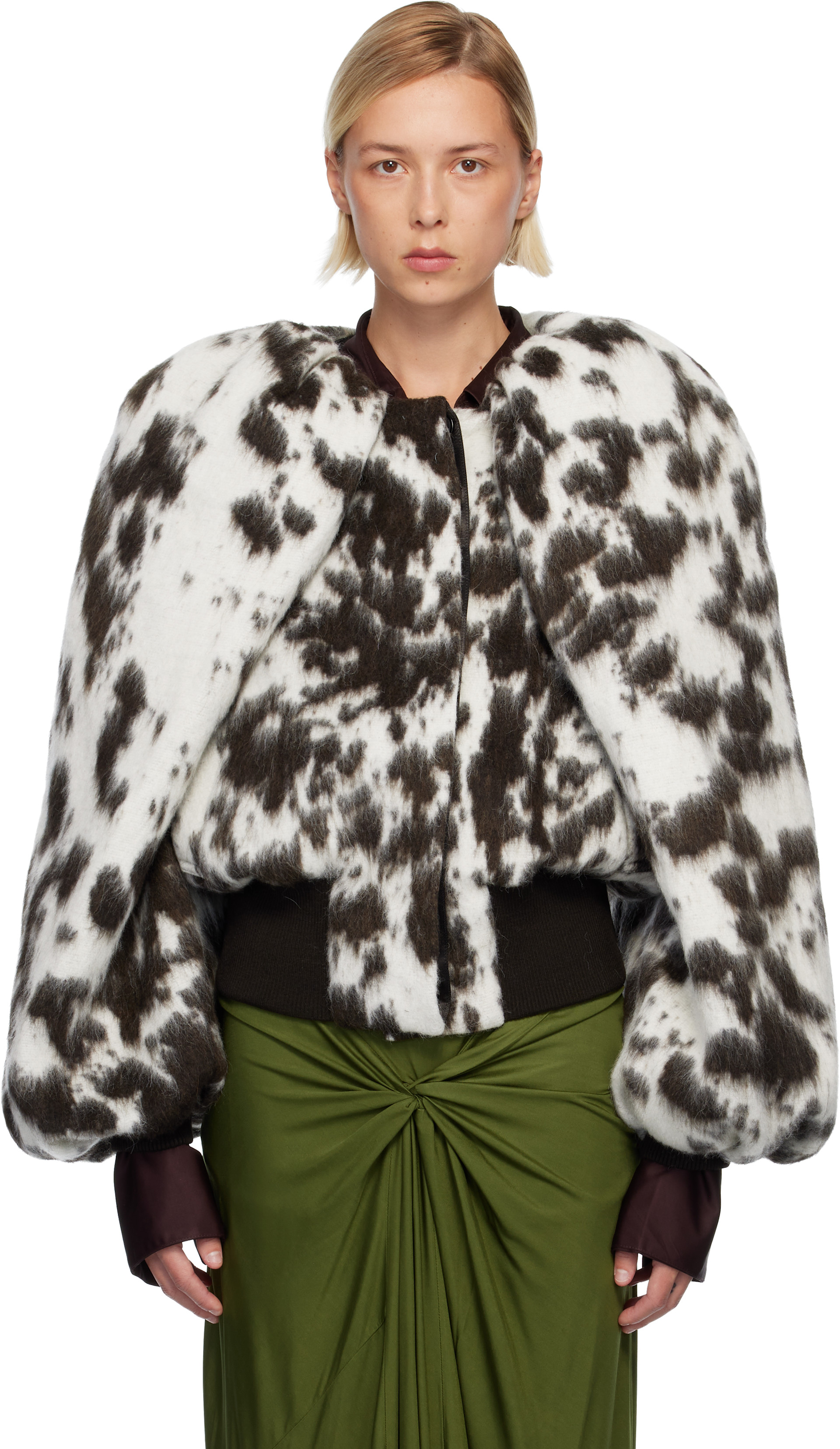 M*A様 DRIES VAN NOTEN Bomber Jacket Dries Van Noten: Off-White & Brown Brushed Bomber Jacket | SSENSE
