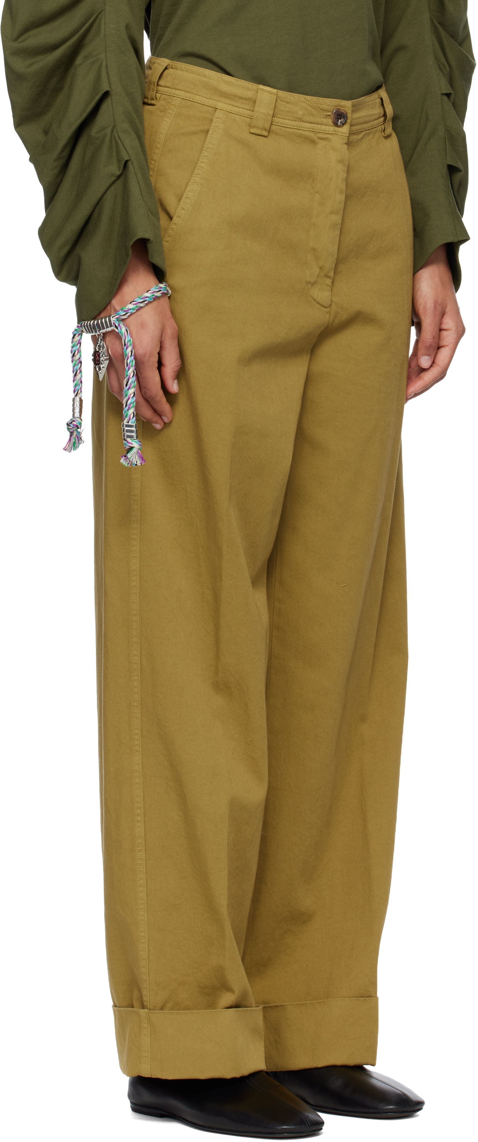Dries Van Noten: Khaki Cuffed Cotton Trousers | SSENSE