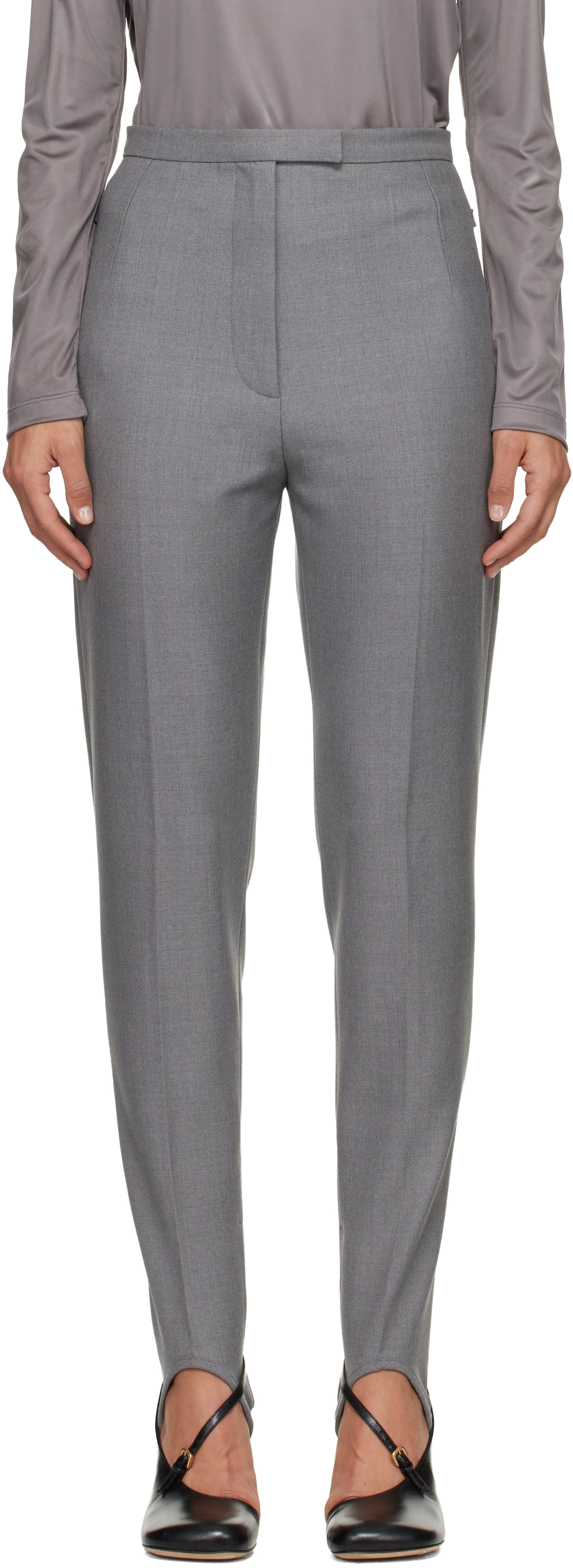 DRIES VAN NOTEN グレーストライプ スラックス Dries Van Noten: Gray Stirrup Trousers | SSENSE