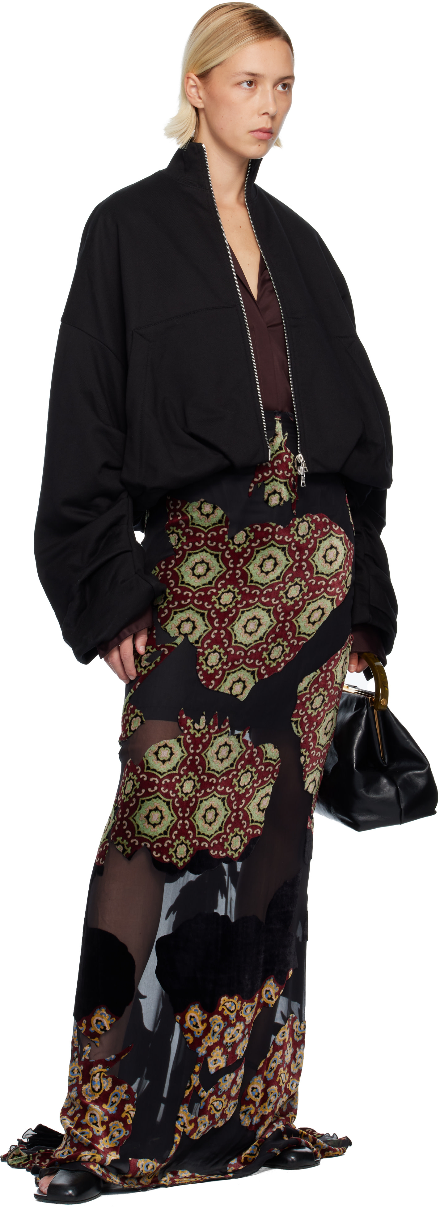 Dries Van Noten: Black Layered Viscose Silk Maxi Skirt | SSENSE