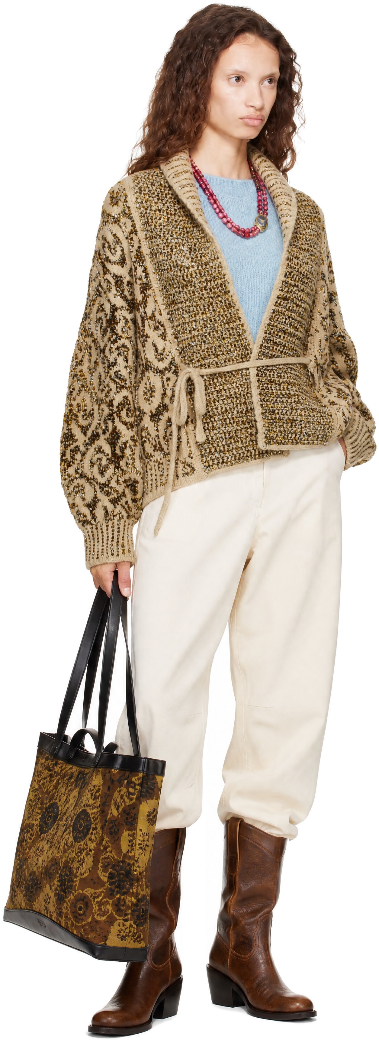 ペコand3Y Dries Van Noten: Beige Jacquard Cardigan | SSENSE
