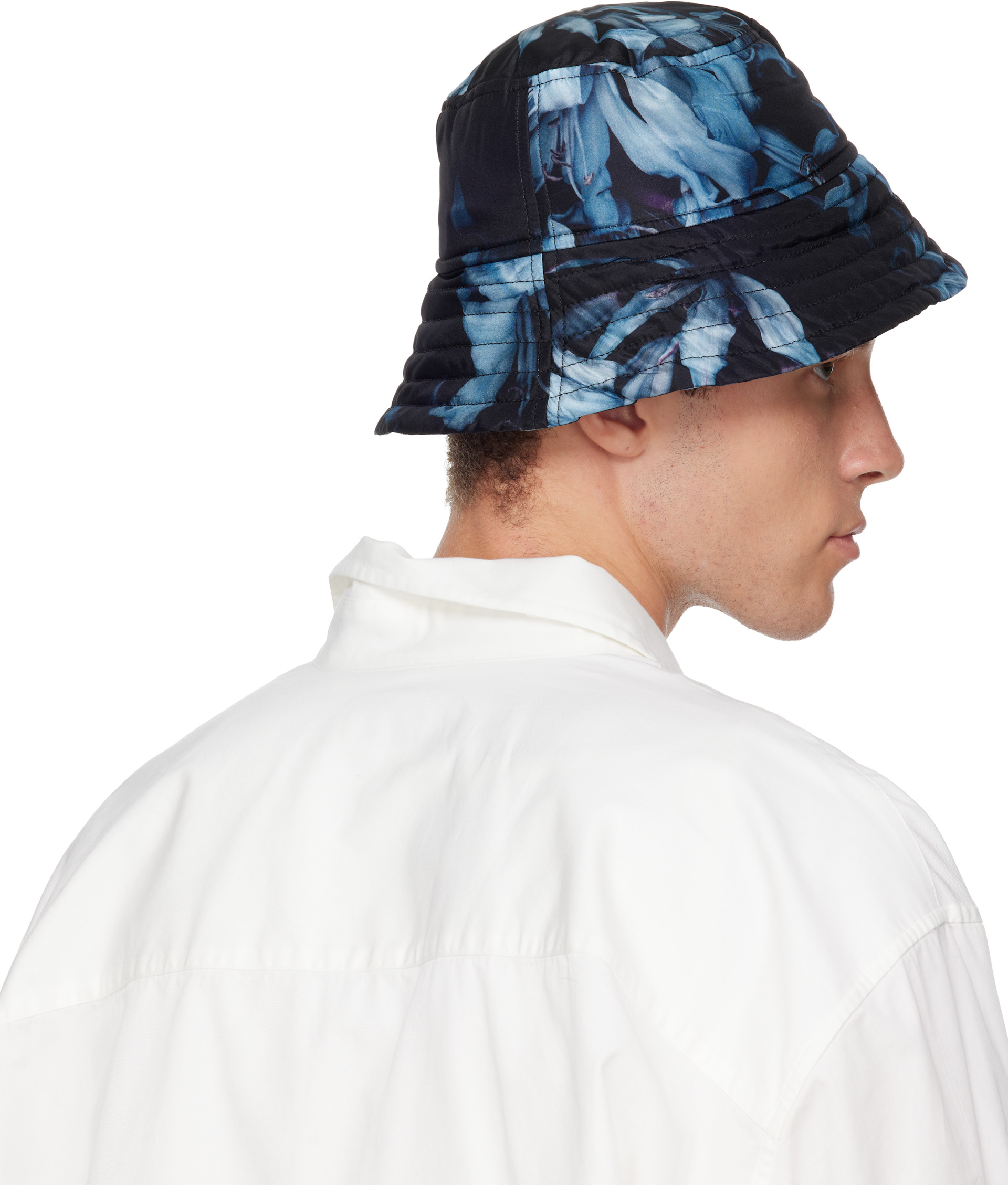 ア*ー様 Dries Van Noten Silk Bucket Hat M.W Dries Van Noten: Black & Blue Printed Bucket Hat | SSENSE