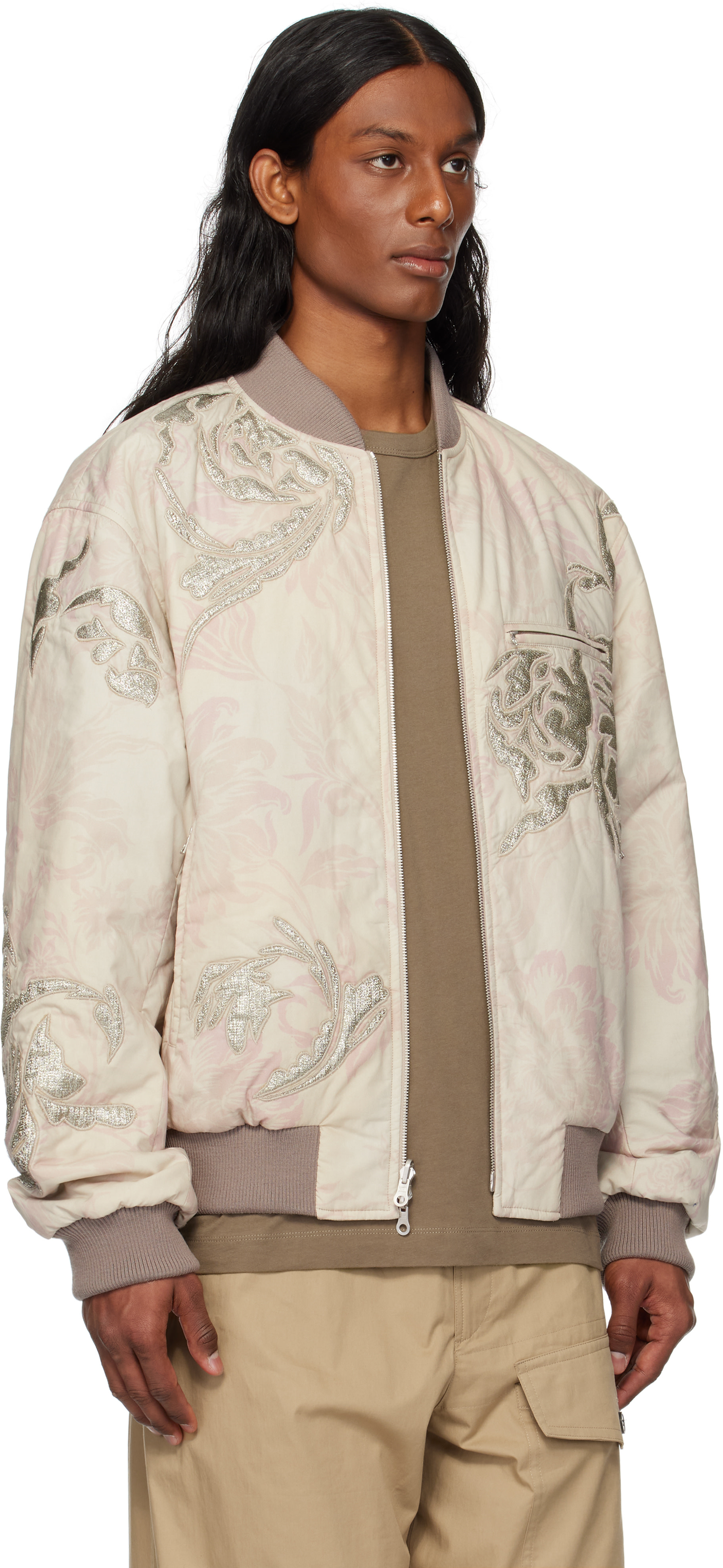 Dries Van Noten: Off-White & Pink Floral Reversible Bomber Jacket