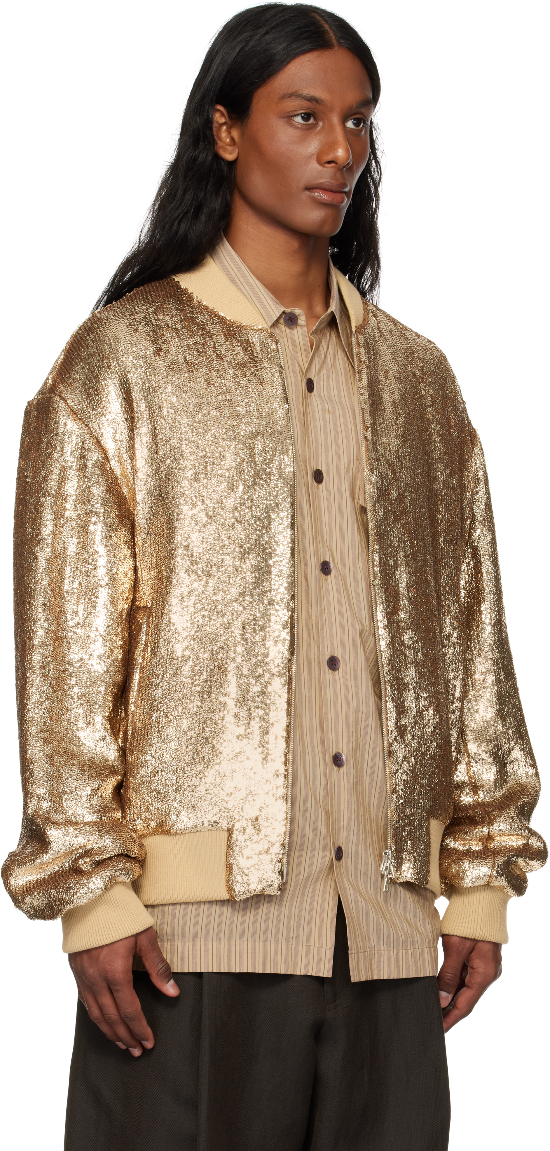Dries Van Noten: Gold Sequinned Bomber Jacket | SSENSE