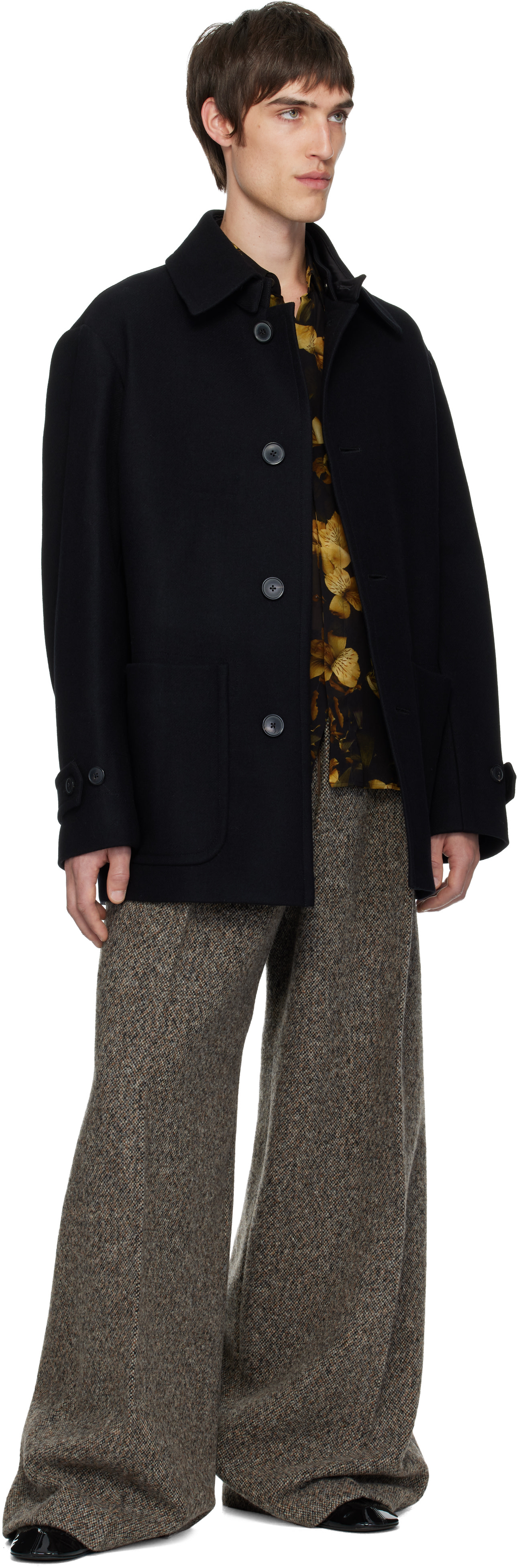 DRIES VAN NOTEN ウール ステンカラーコート 黒 Dries Van Noten: Black Wool Coat | SSENSE