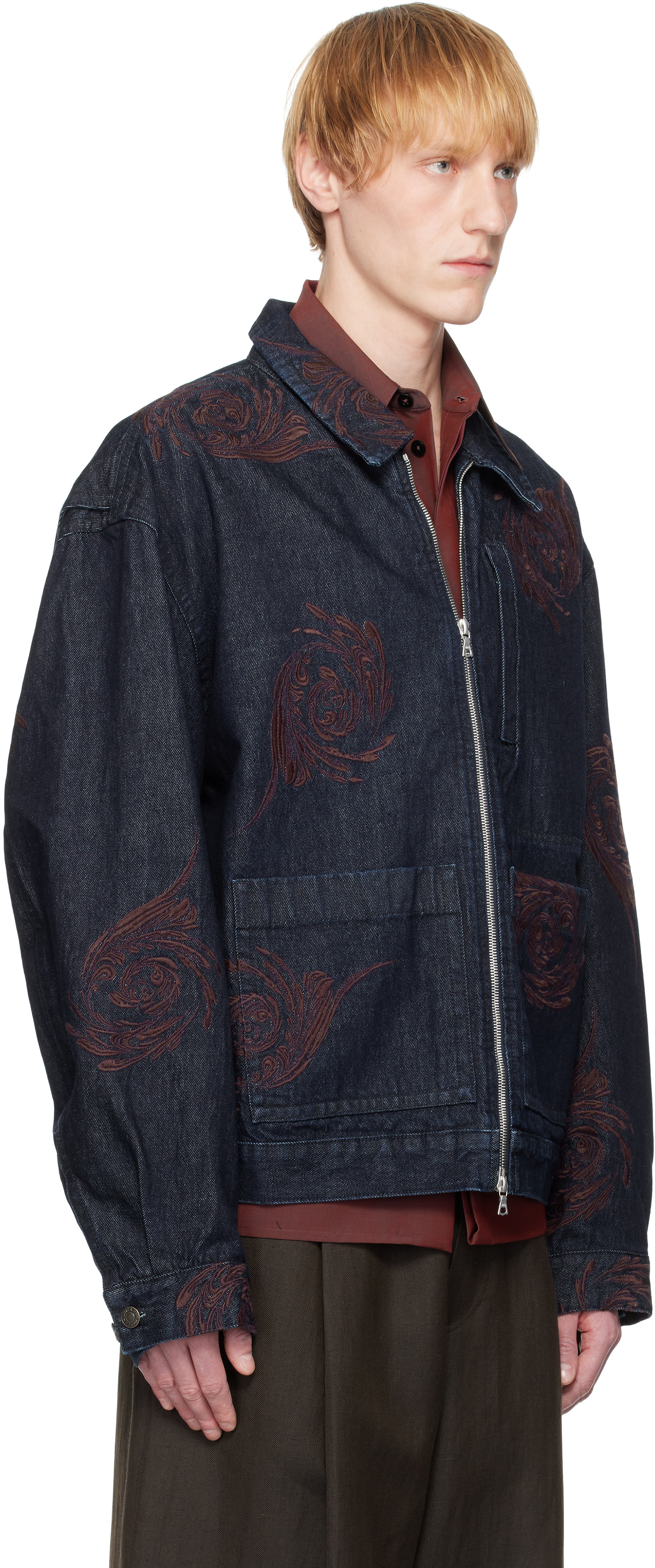 Dries Van Noten: Navy Embroidered Pattern Denim Jacket | SSENSE Dries Van Noten: Navy Embroidered Pattern Denim Jacket | SSENSE