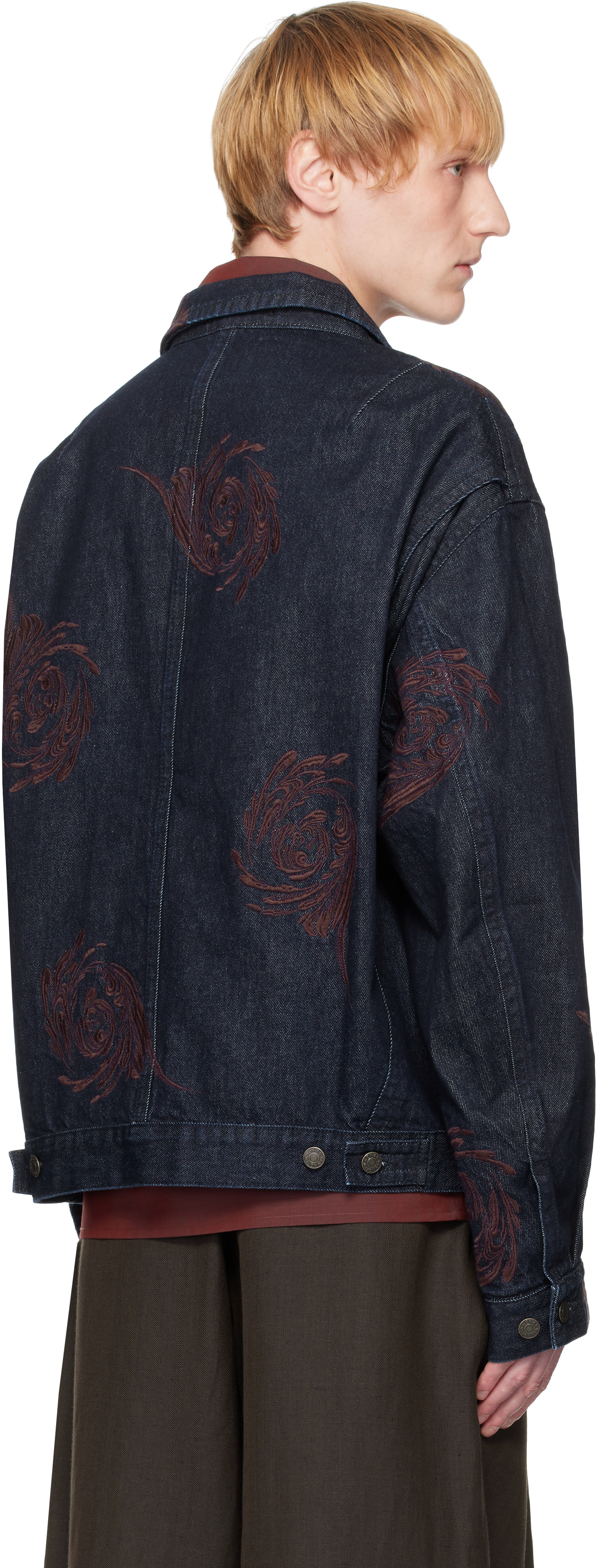 Dries Van Noten: Navy Embroidered Pattern Denim Jacket | SSENSE