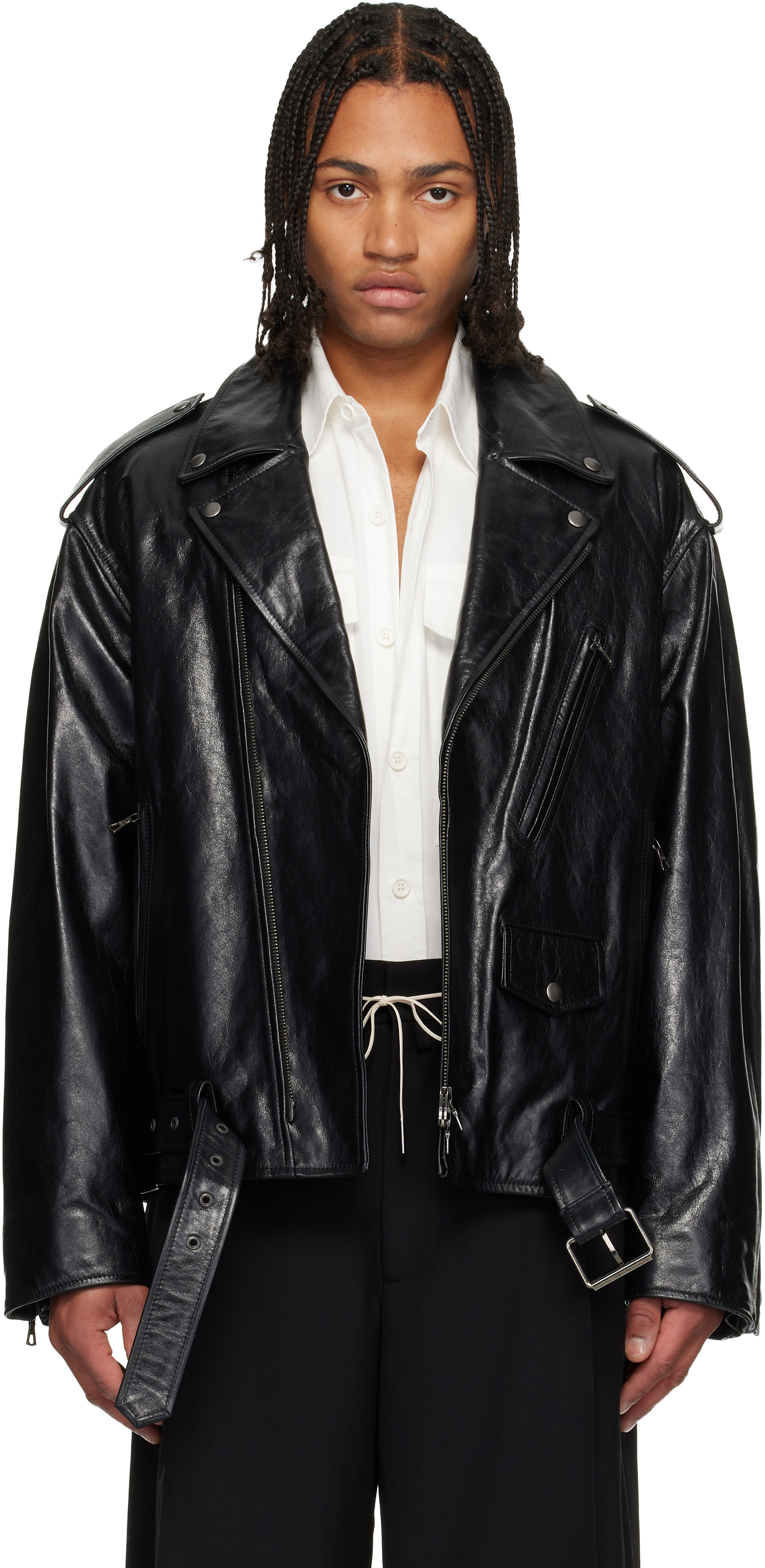Dries Van Noten: Black Biker Leather Jacket | SSENSE