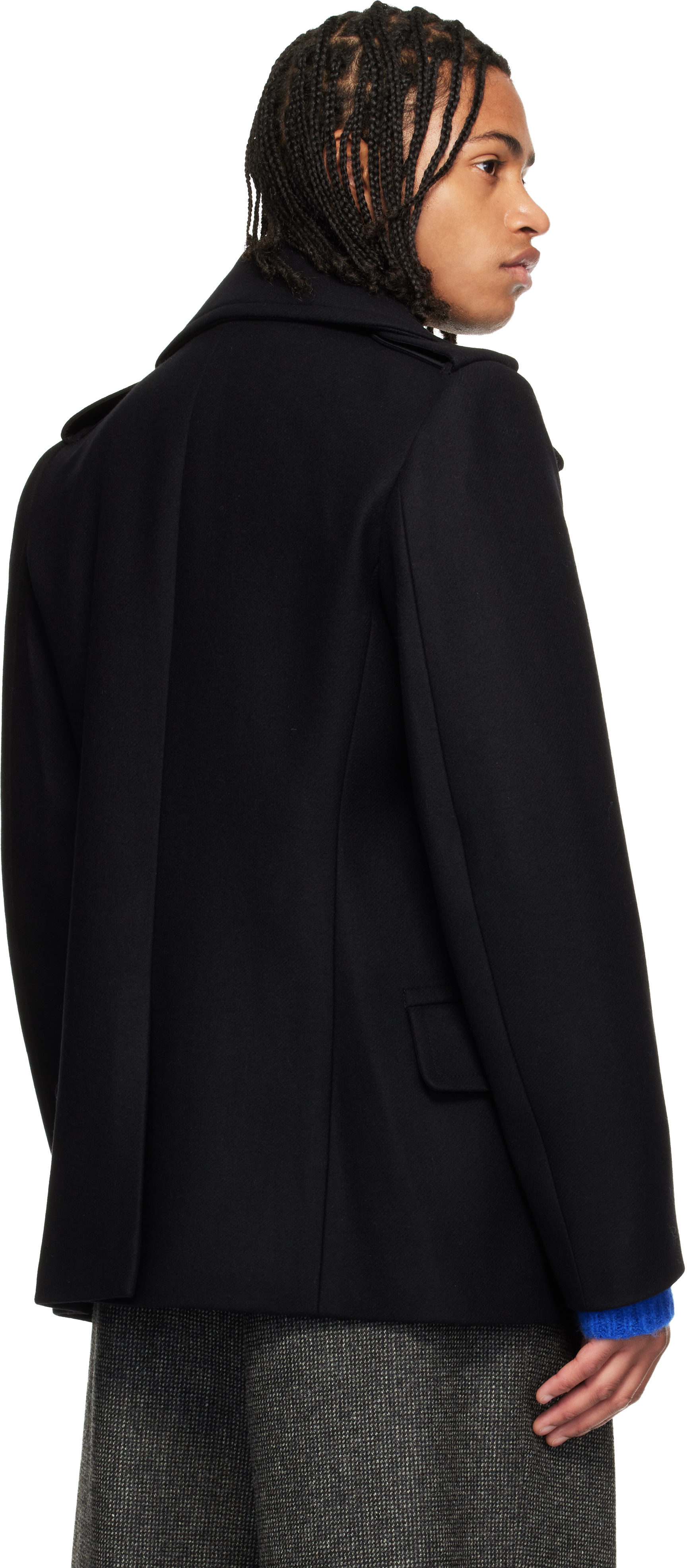 Dries Van Noten ブラック ピーコート 48 Dries Van Noten: ブラック メルトン ピーコート | SSENSE 日本