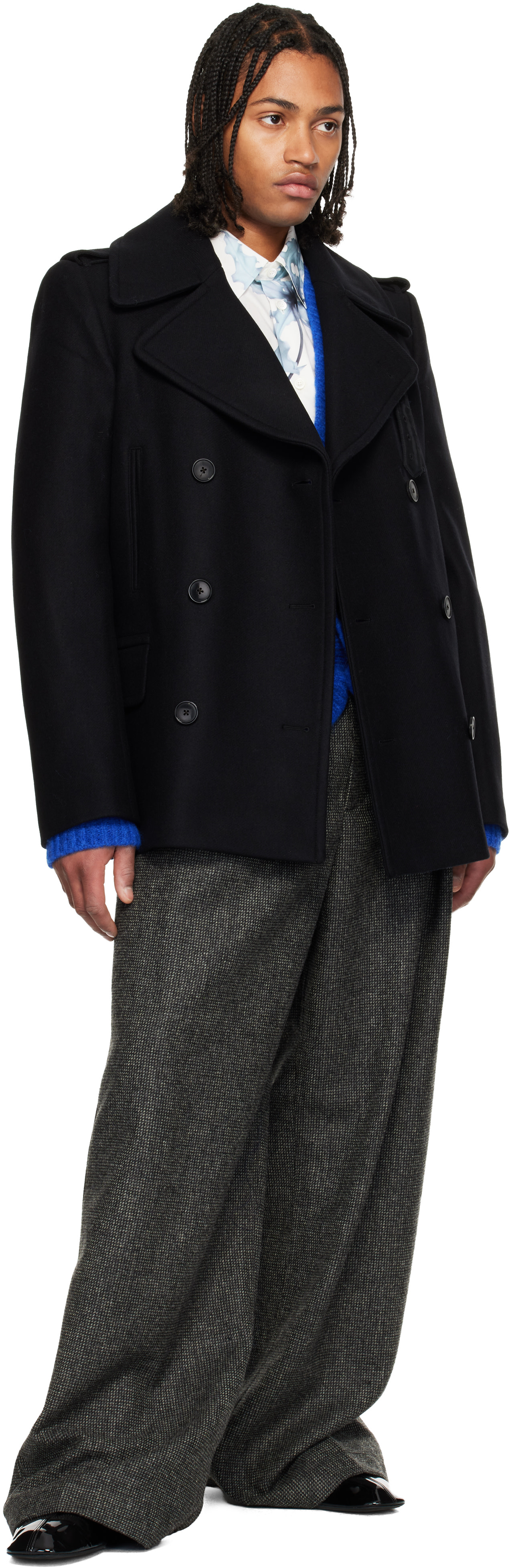 Dries Van Noten: Black Melton Peacoat | SSENSE