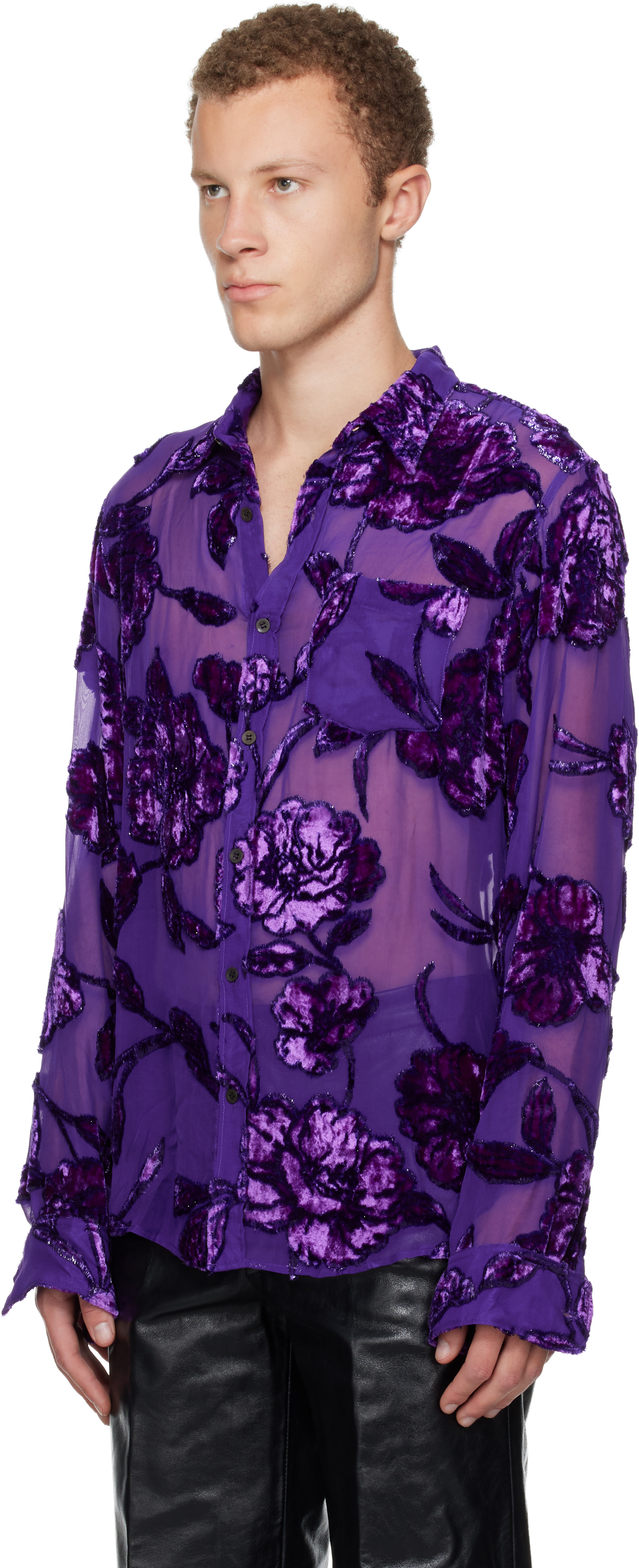 DRIES VAN NOTEN コットンリネンダブルジャケット パープル Dries Van Noten: Purple Fitted Sheer Shirt | SSENSE