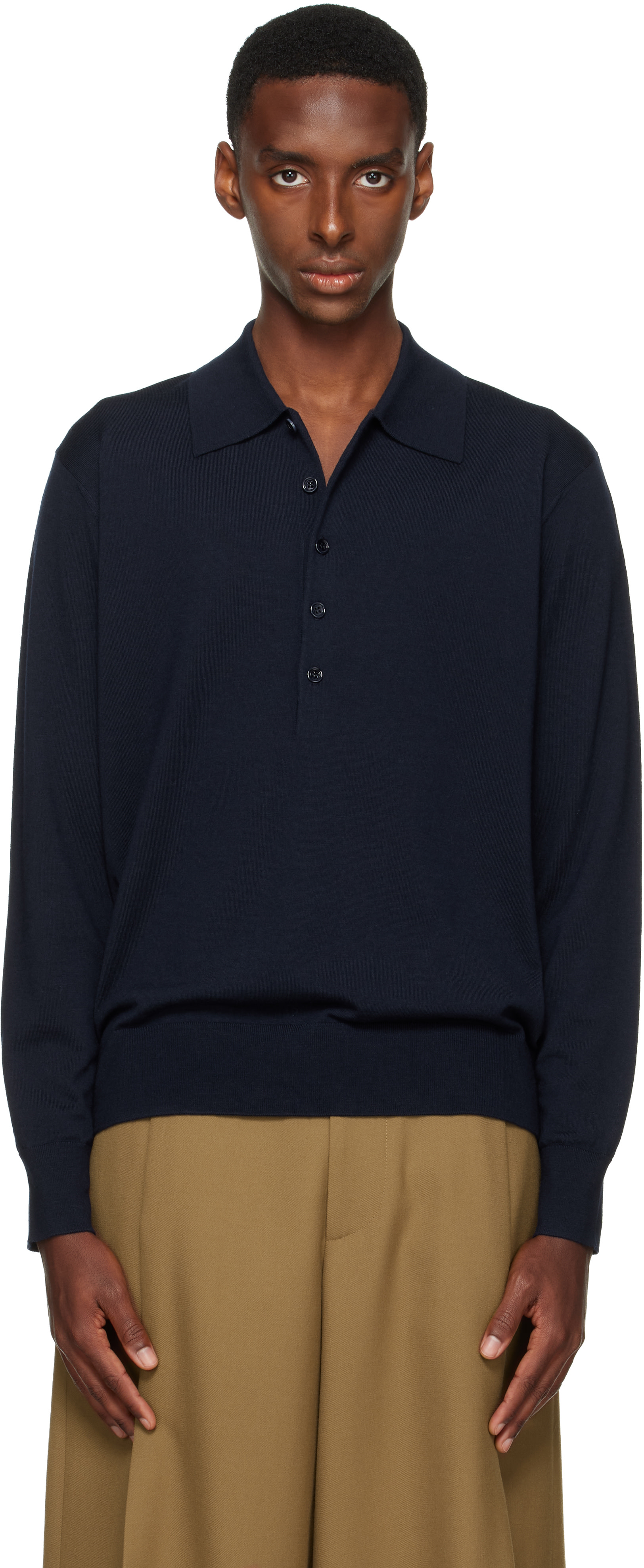 Dries Van Noten - ネイビー ウール ニットポロシャツ