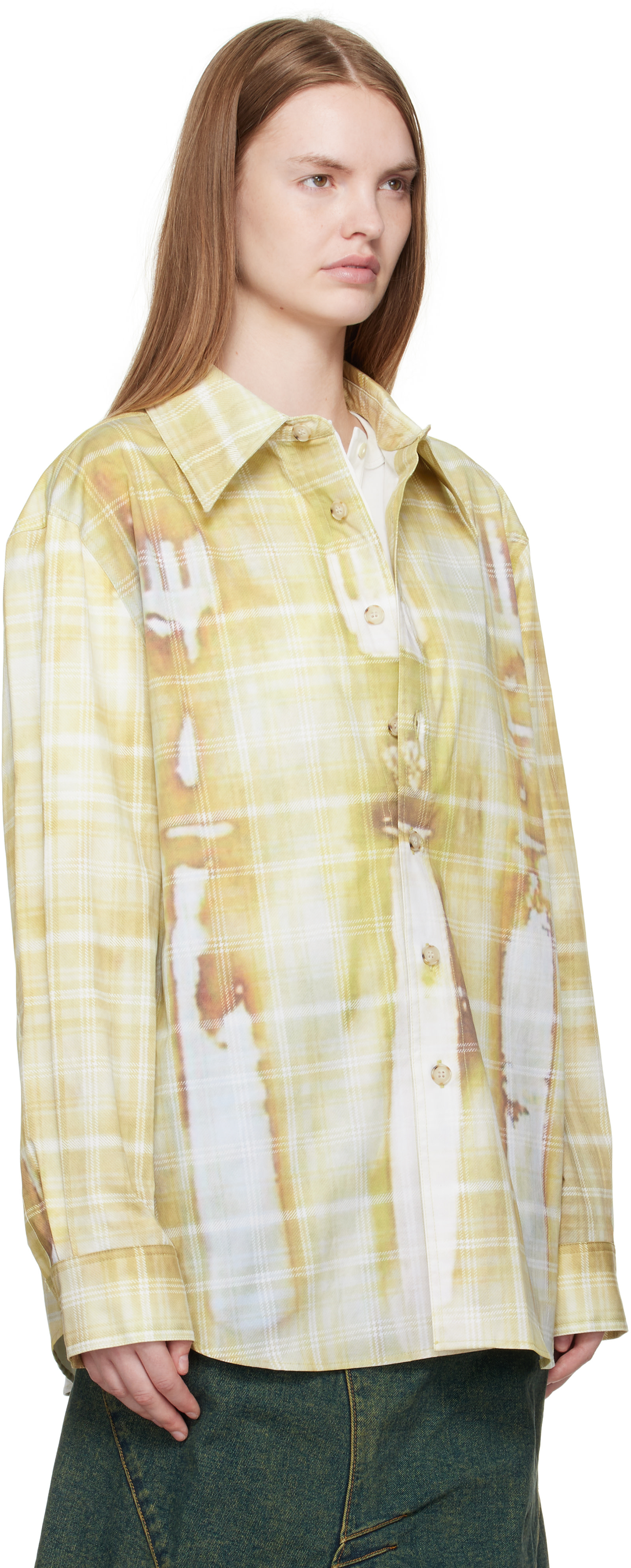 美品 定価73.500円☆Andersson Bell 長袖シャツ トロンプルイユ チェックシャツ 25SS 総柄 だまし絵 メンズ 完売品 希少 Andersson Bell: イエロー トロンプルイユ プリント チェック シャツ