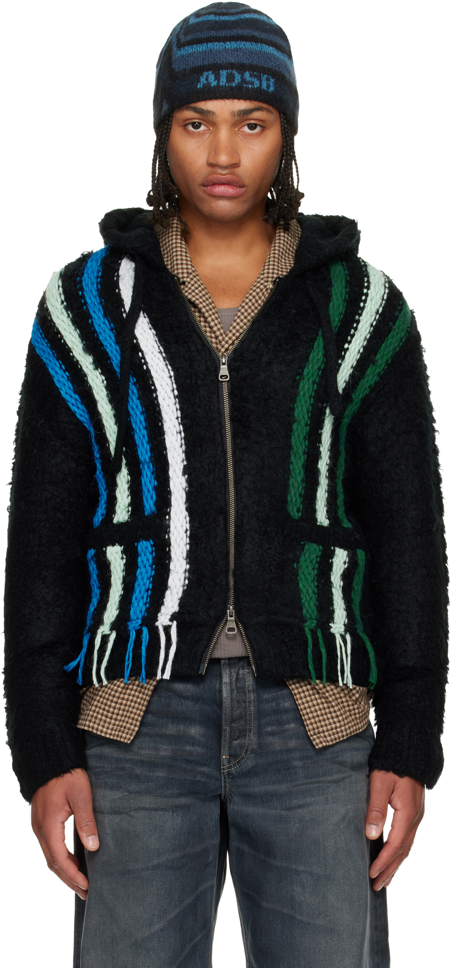 Andersson Bell - Pull à capuche noir en tricot à rayures