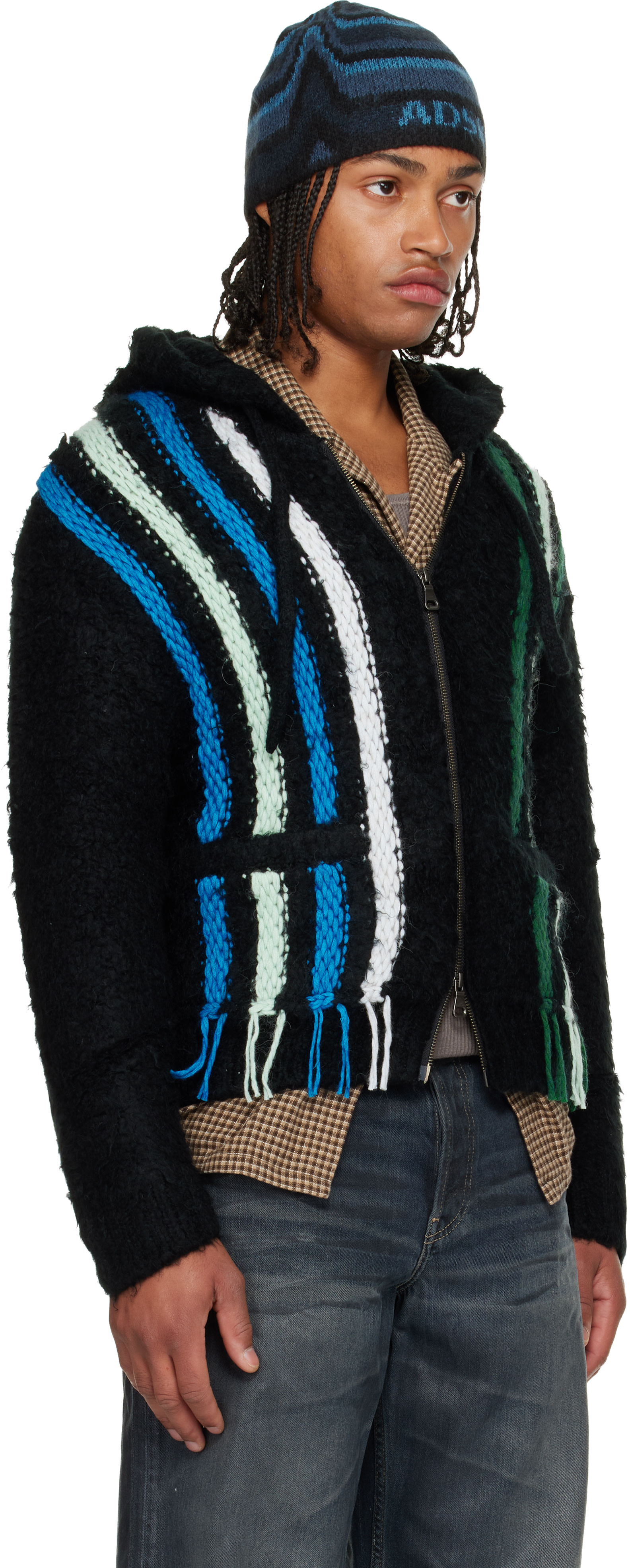Andersson Bell - Pull à capuche noir en tricot à rayures