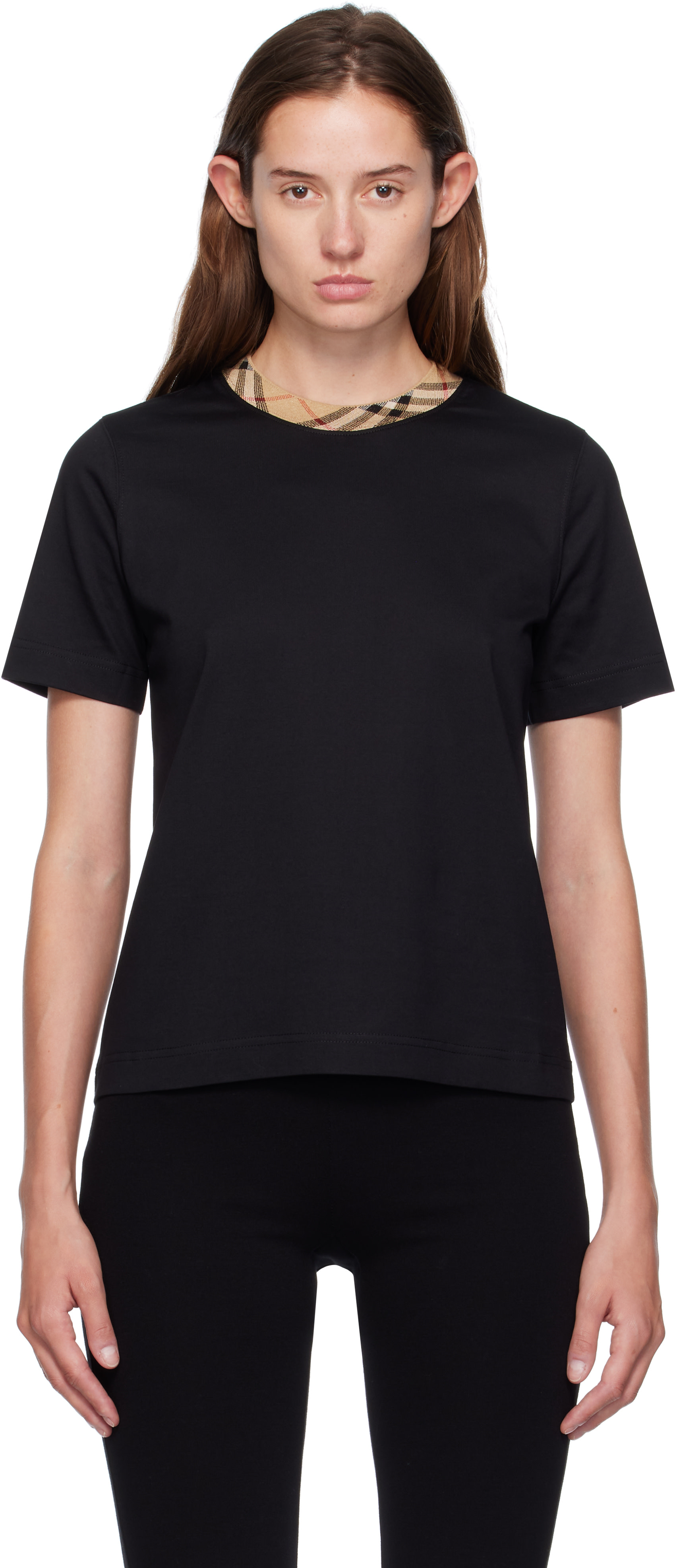 Burberry: Black Check Trim Cotton T-shirt | SSENSE