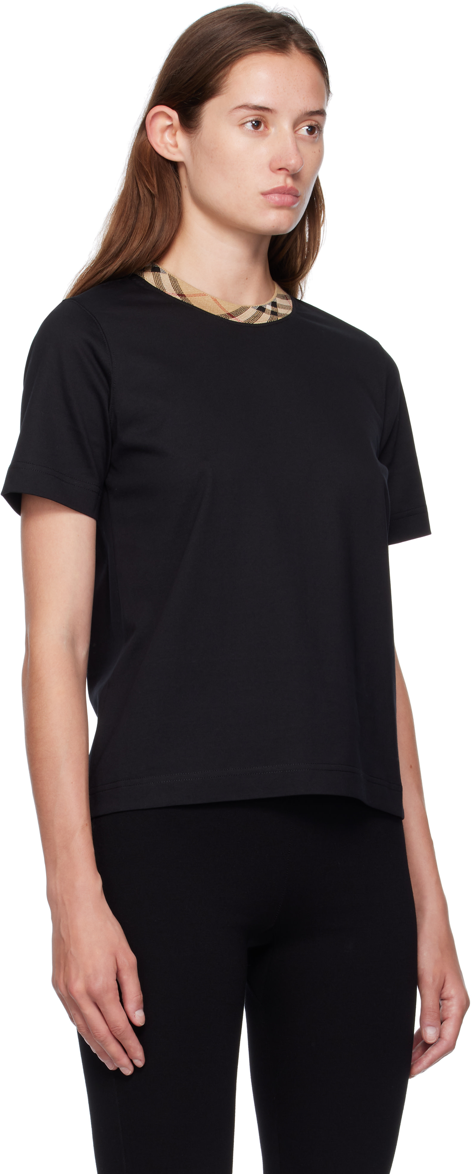 BURBERRY ブラック Tシャツ S Burberry: Black Check Trim Cotton T-shirt | SSENSE