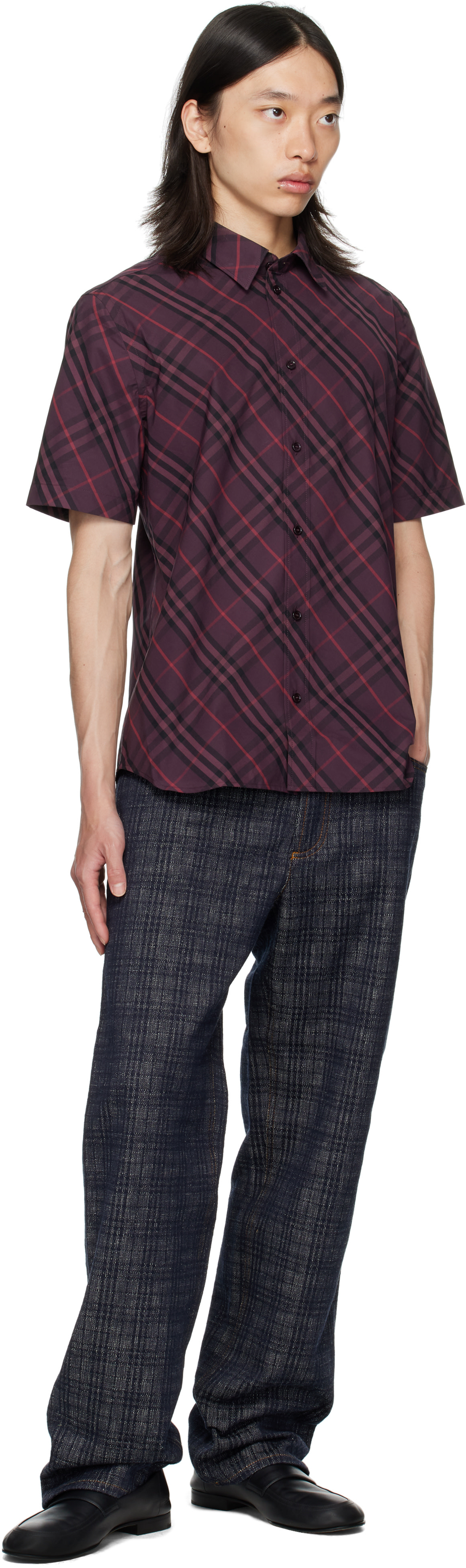 Burberry: Purple Robert Check Short Sleeve Shirt | SSENSE Burberry: Purple Robert Check Short Sleeve Shirt | SSENSE